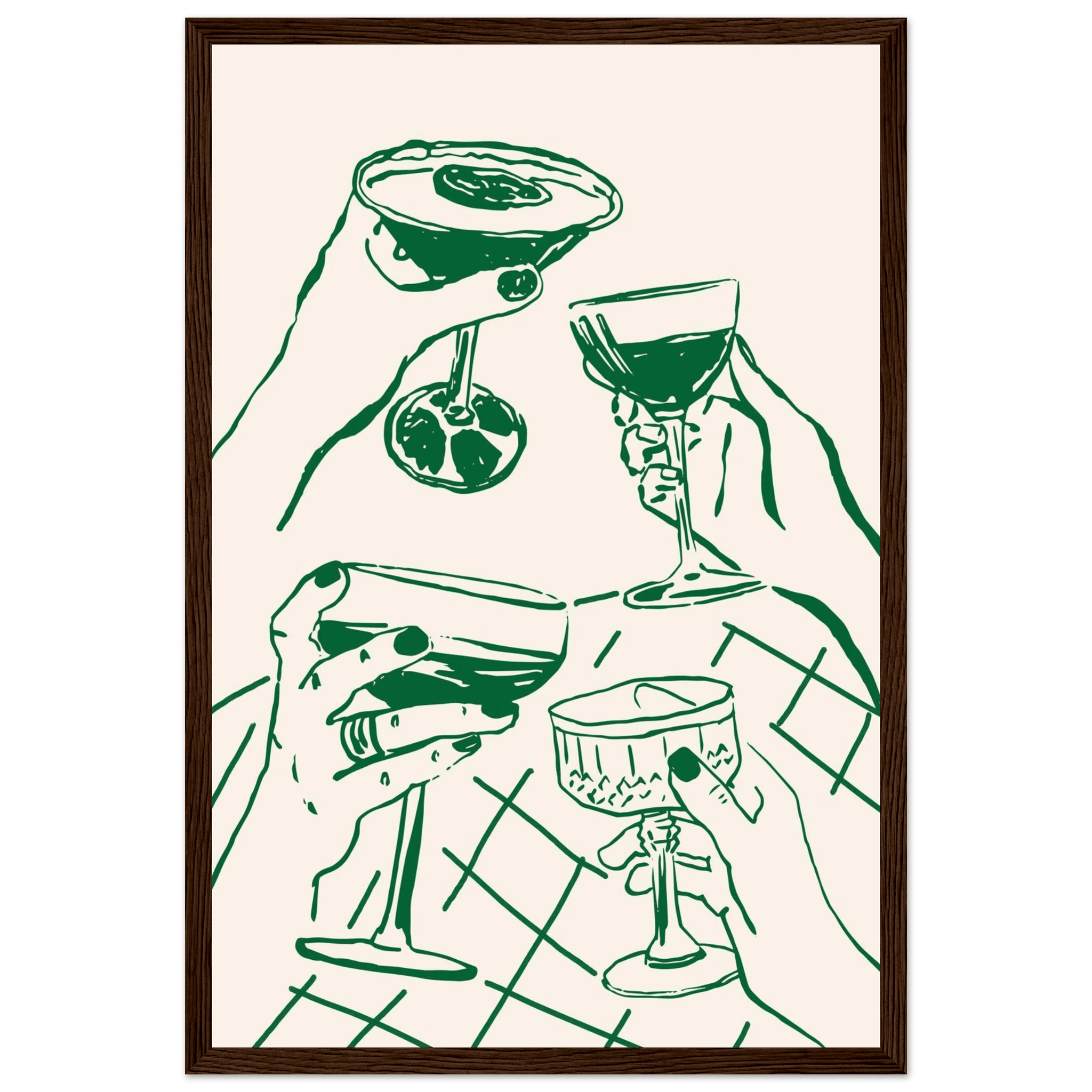 Cheers Print | Forest Green Cocktail Glasses Wall Art | Kitchen Bar Poster - Evergreen Posters