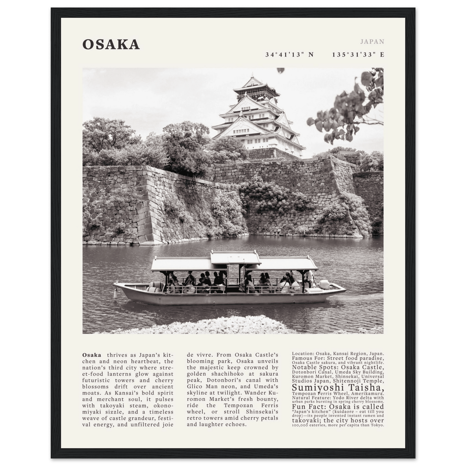 Osaka Poster Black and White – Vintage Osaka Castle Cherry Blossom Print (Digital & Printed Options) - Evergreen Posters