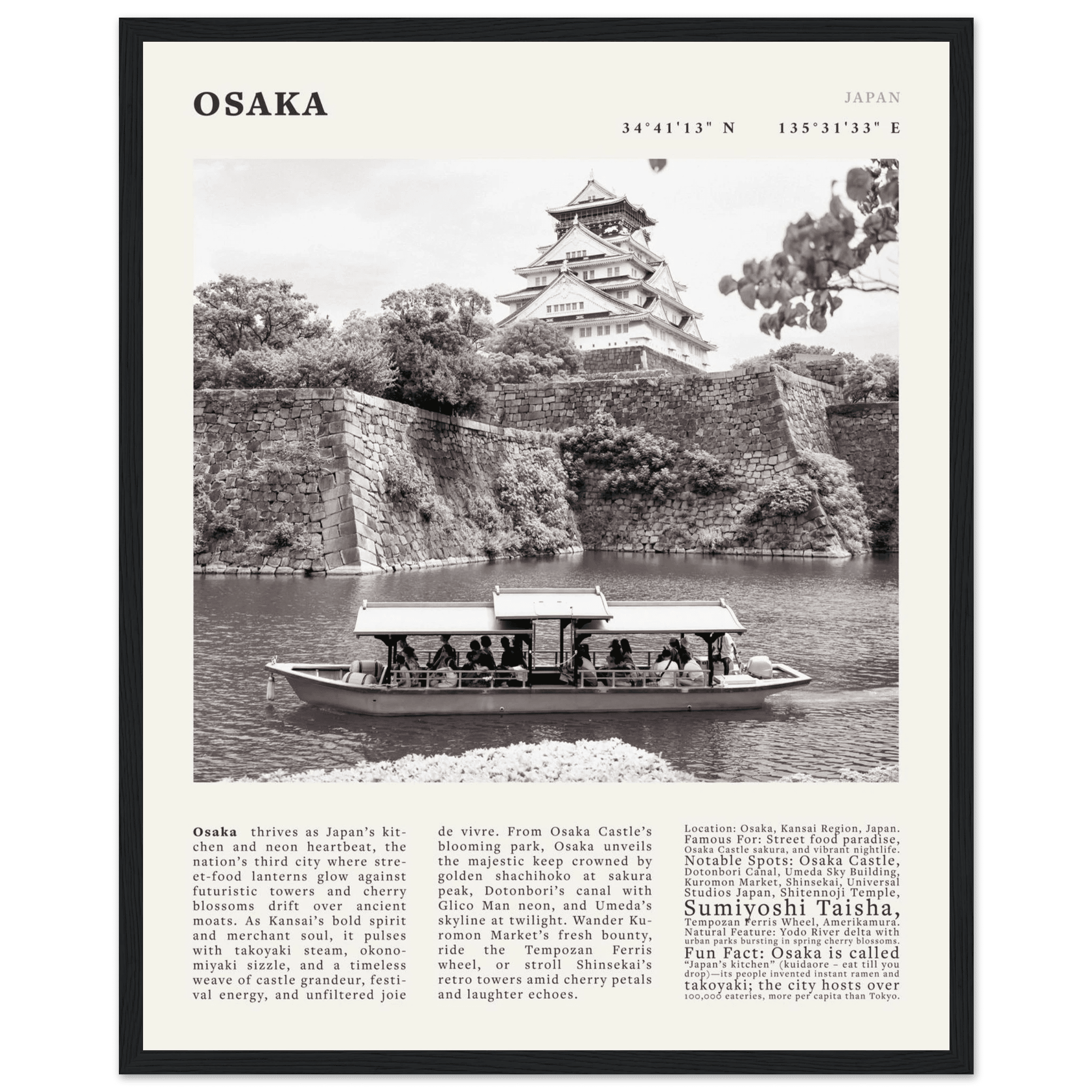 Osaka Poster Black and White – Vintage Osaka Castle Cherry Blossom Print (Digital & Printed Options) - Evergreen Posters