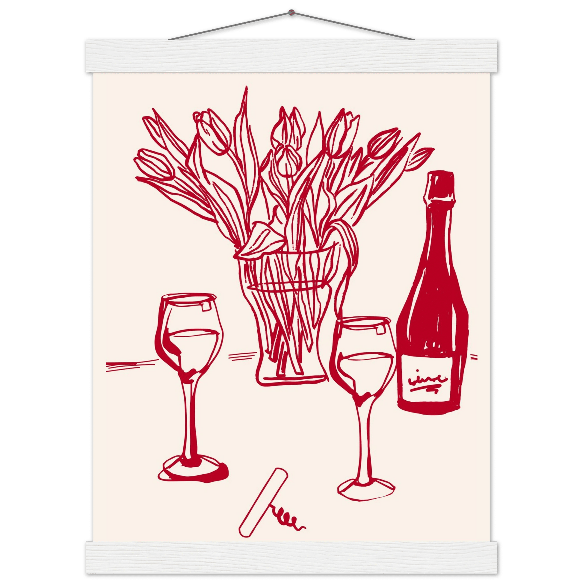 Red Wine & Tulips Print | Line Art Wine Bottle Wall Art | Kitchen Poster - Evergreen Posters