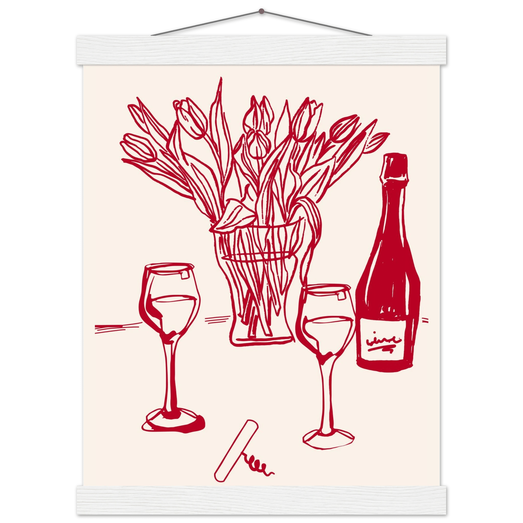 Red Wine & Tulips Print | Line Art Wine Bottle Wall Art | Kitchen Poster - Evergreen Posters
