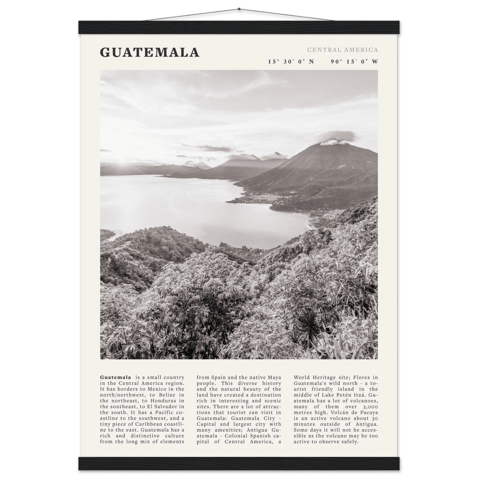 Guatemala Poster | Black & White Lake Atitlan Wall Art | Central America Travel Print - Evergreen Posters