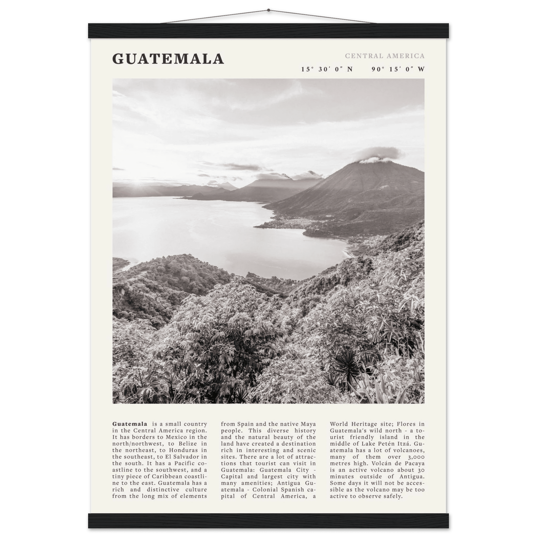 Guatemala Poster | Black & White Lake Atitlan Wall Art | Central America Travel Print - Evergreen Posters