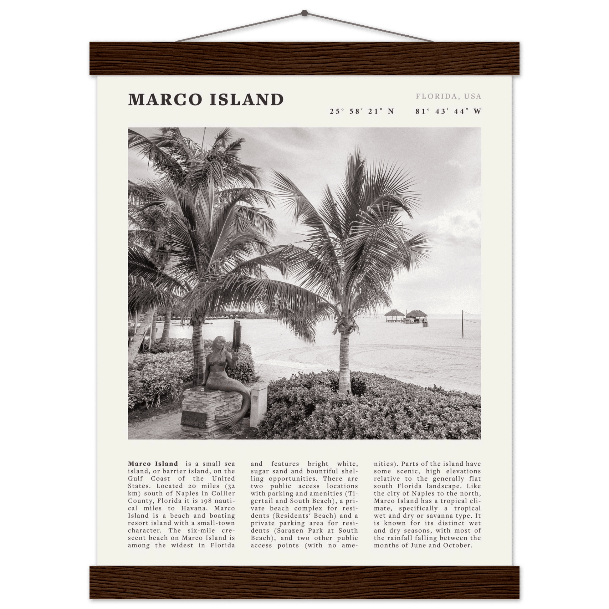Marco Island Poster | Black & White Florida Beach Wall Art | Coastal Travel Print - Evergreen Posters