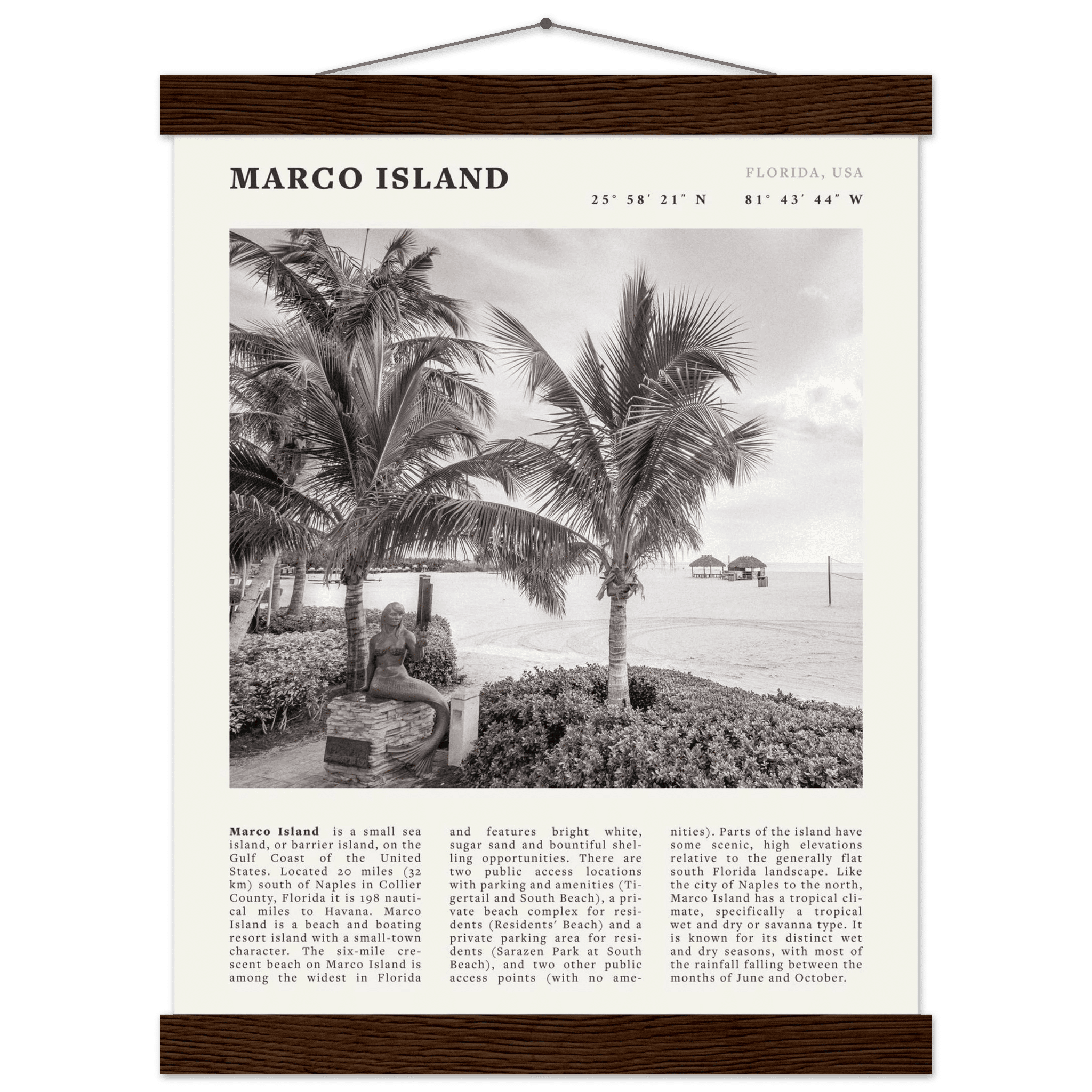 Marco Island Poster | Black & White Florida Beach Wall Art | Coastal Travel Print - Evergreen Posters