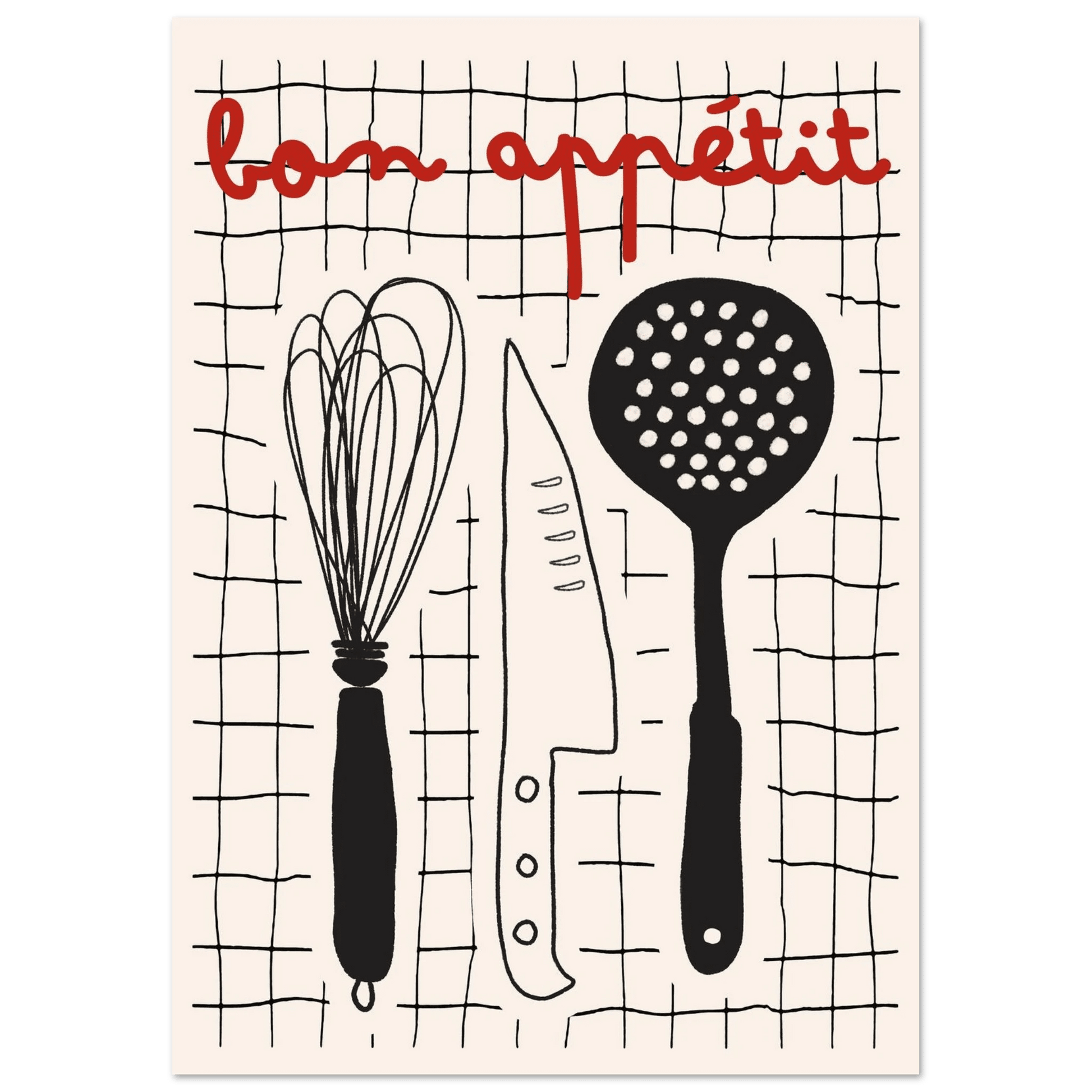 Bon Appétit French Kitchen Print | Bold Black Red Wall Art Poster - Evergreen Posters