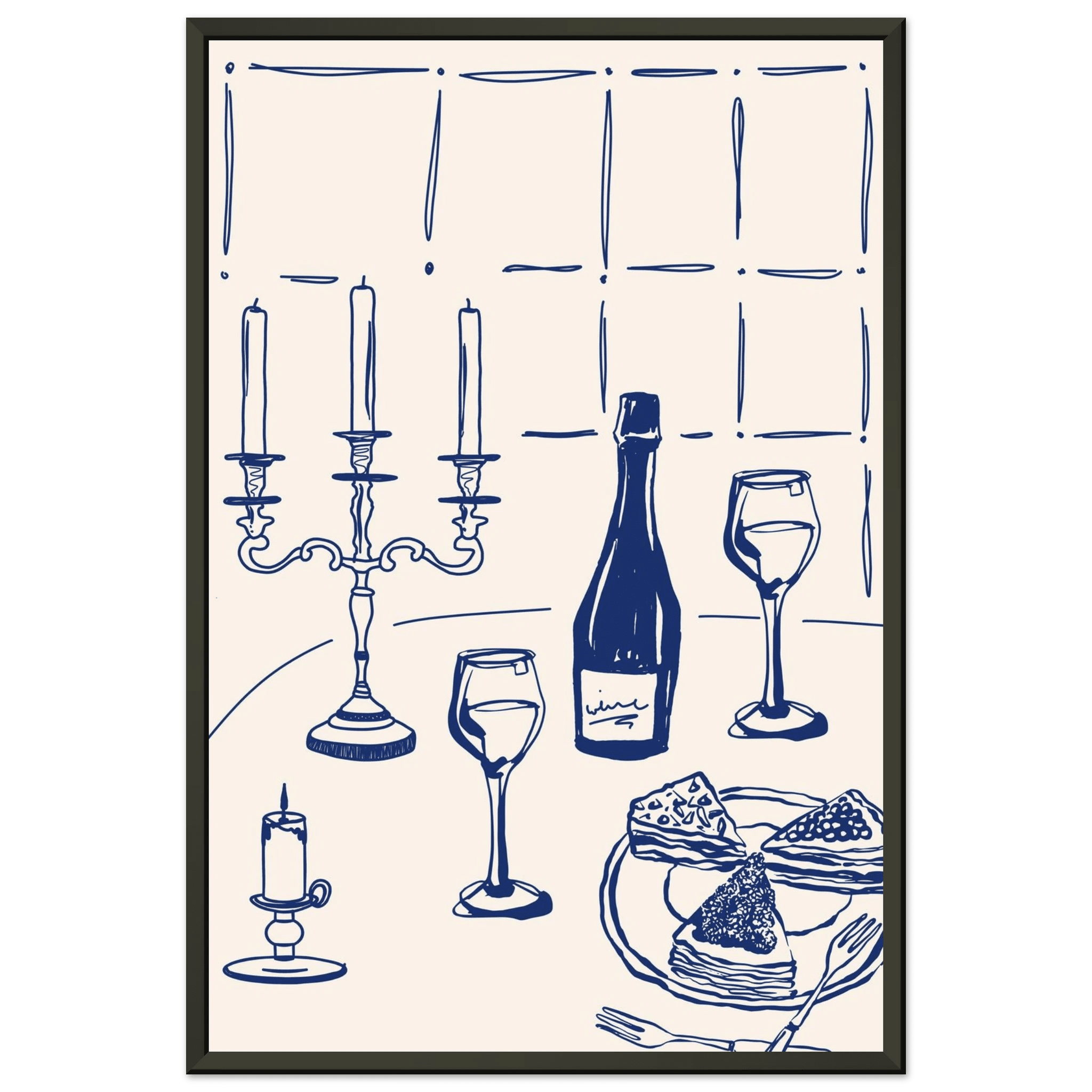 Candlelight Dinner Print | Navy Blue Wine & Candelabra Line Art | Kitchen Poster - Evergreen Posters