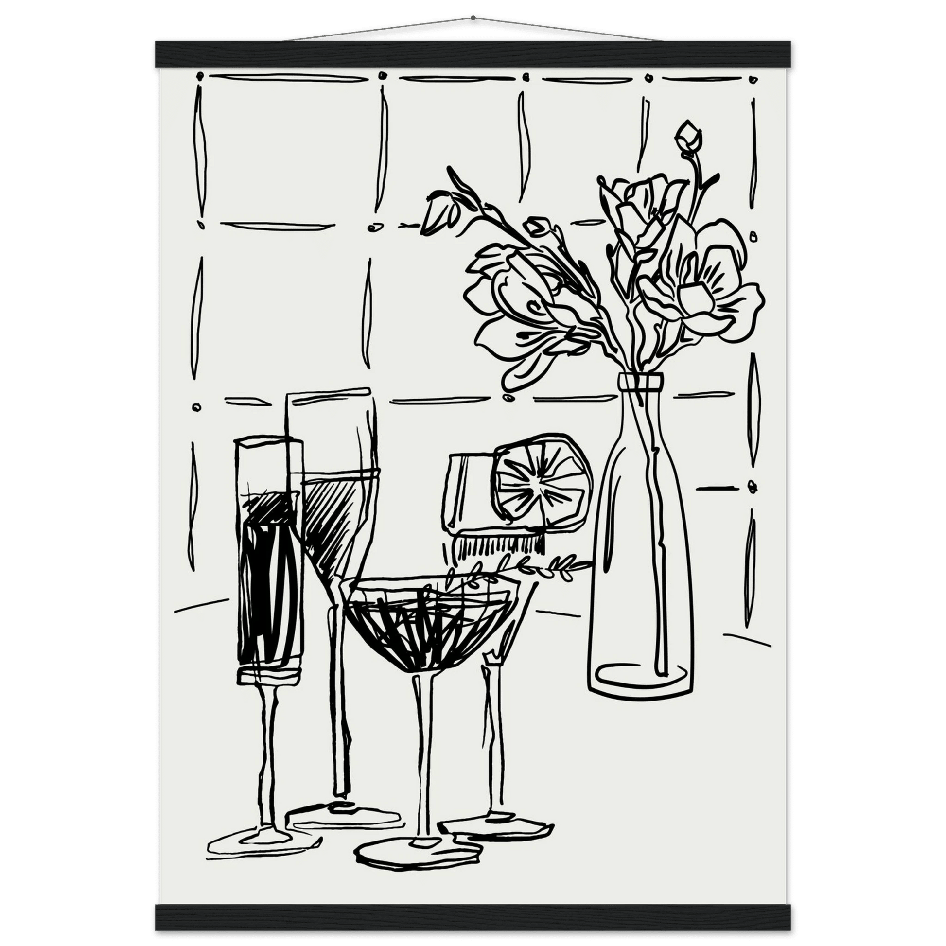 Cocktails & Flowers Print | Black Line Art Drinks Wall Art | Kitchen Bar Poster - Evergreen Posters