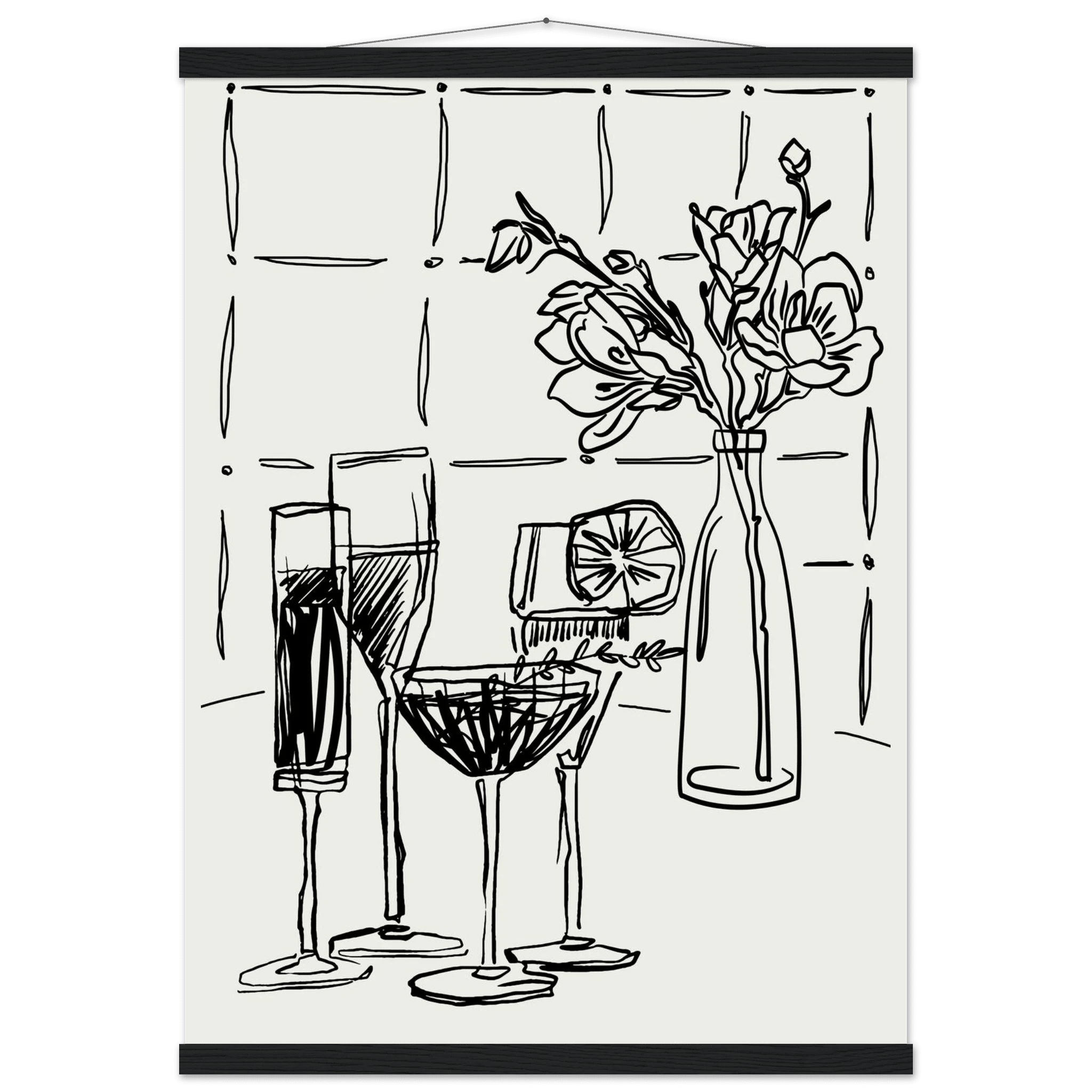 Cocktails & Flowers Print | Black Line Art Drinks Wall Art | Kitchen Bar Poster - Evergreen Posters
