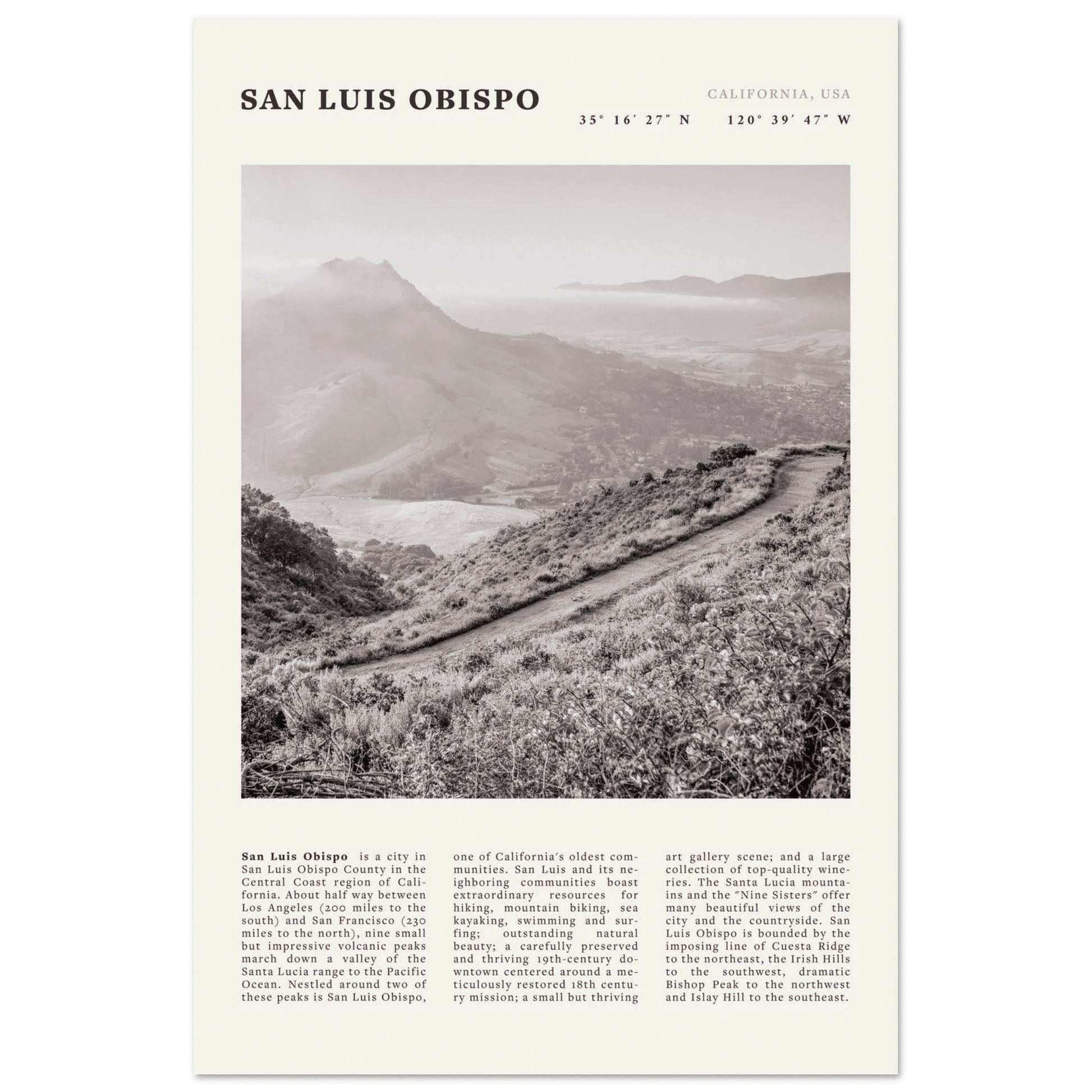 San Luis Obispo Poster | Black & White California Wall Art | SLO Travel Print - Evergreen Posters