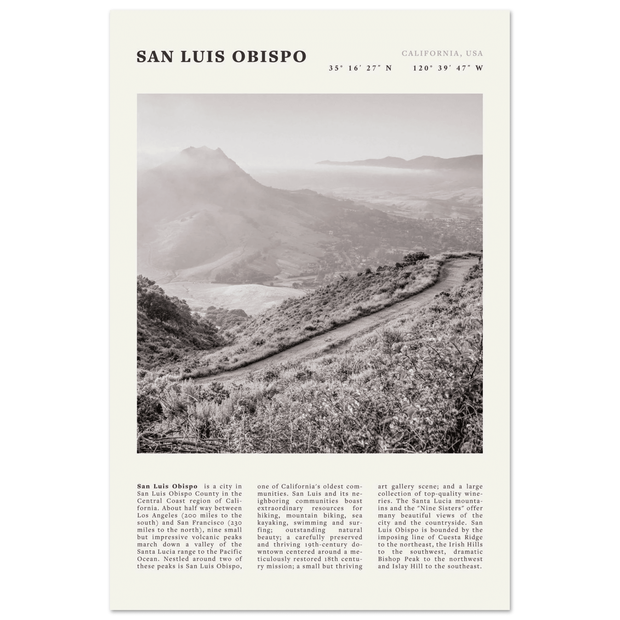 San Luis Obispo Poster | Black & White California Wall Art | SLO Travel Print - Evergreen Posters