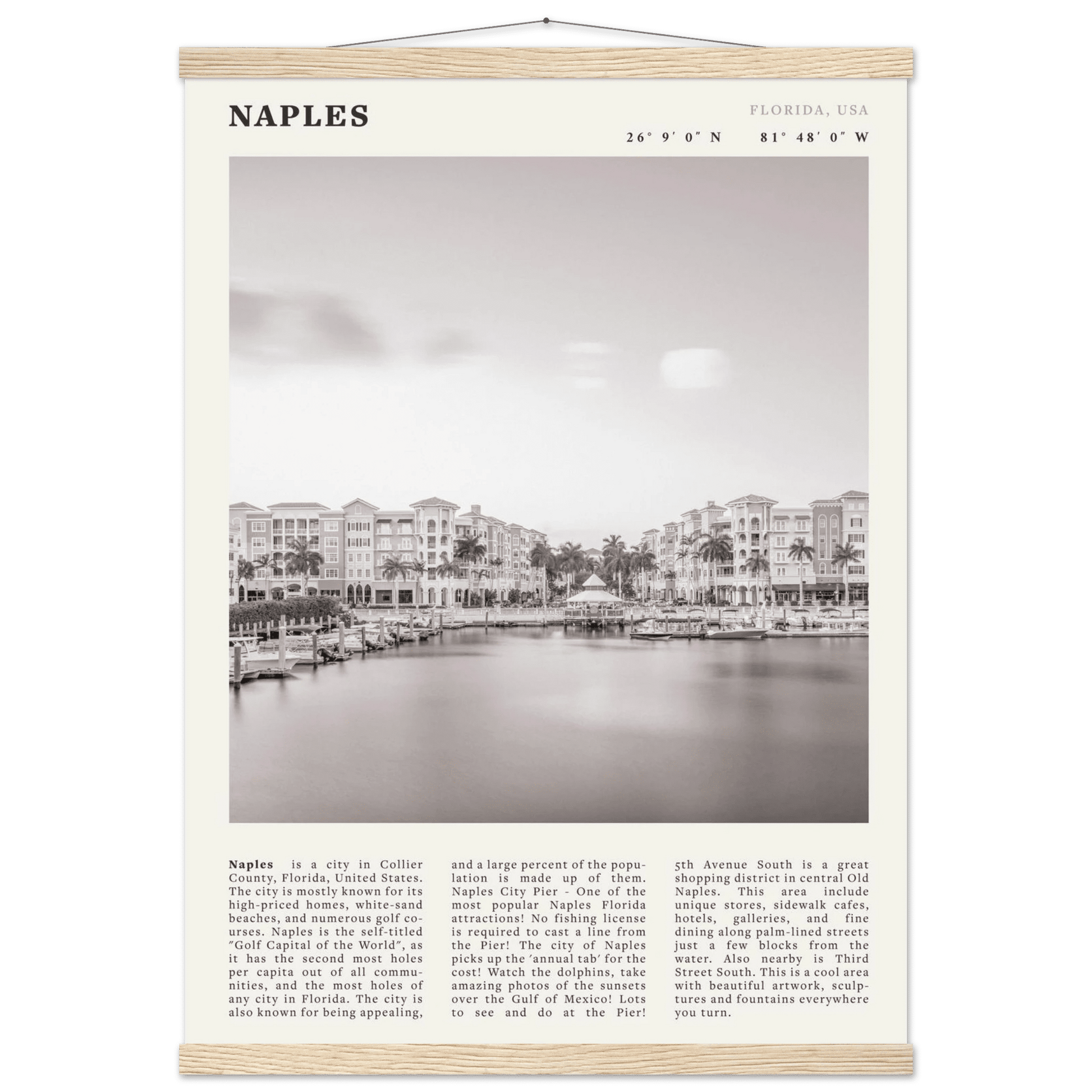 Naples Florida Poster | Black & White Gulf Coast Wall Art | FL Travel Print - Evergreen Posters