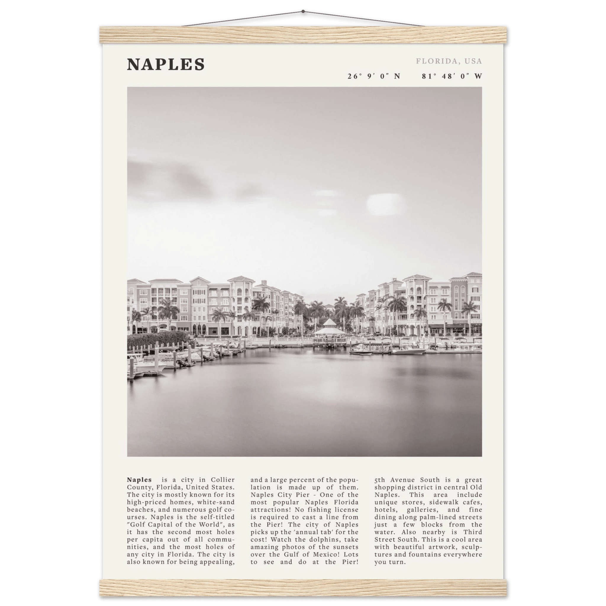 Naples Florida Poster | Black & White Gulf Coast Wall Art | FL Travel Print - Evergreen Posters
