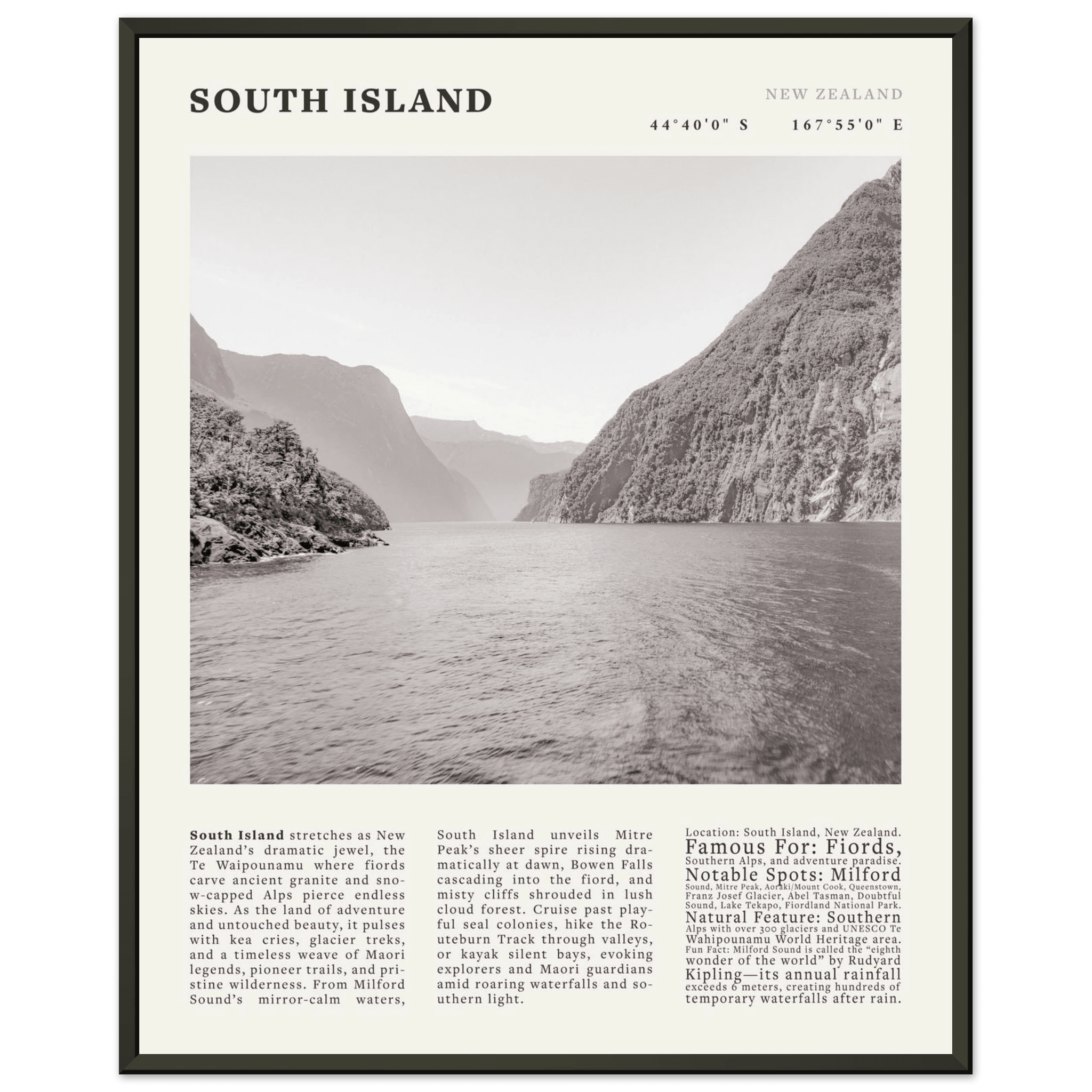 South Island New Zealand Poster Black and White – Vintage Milford Sound Fjord Print - Evergreen Posters