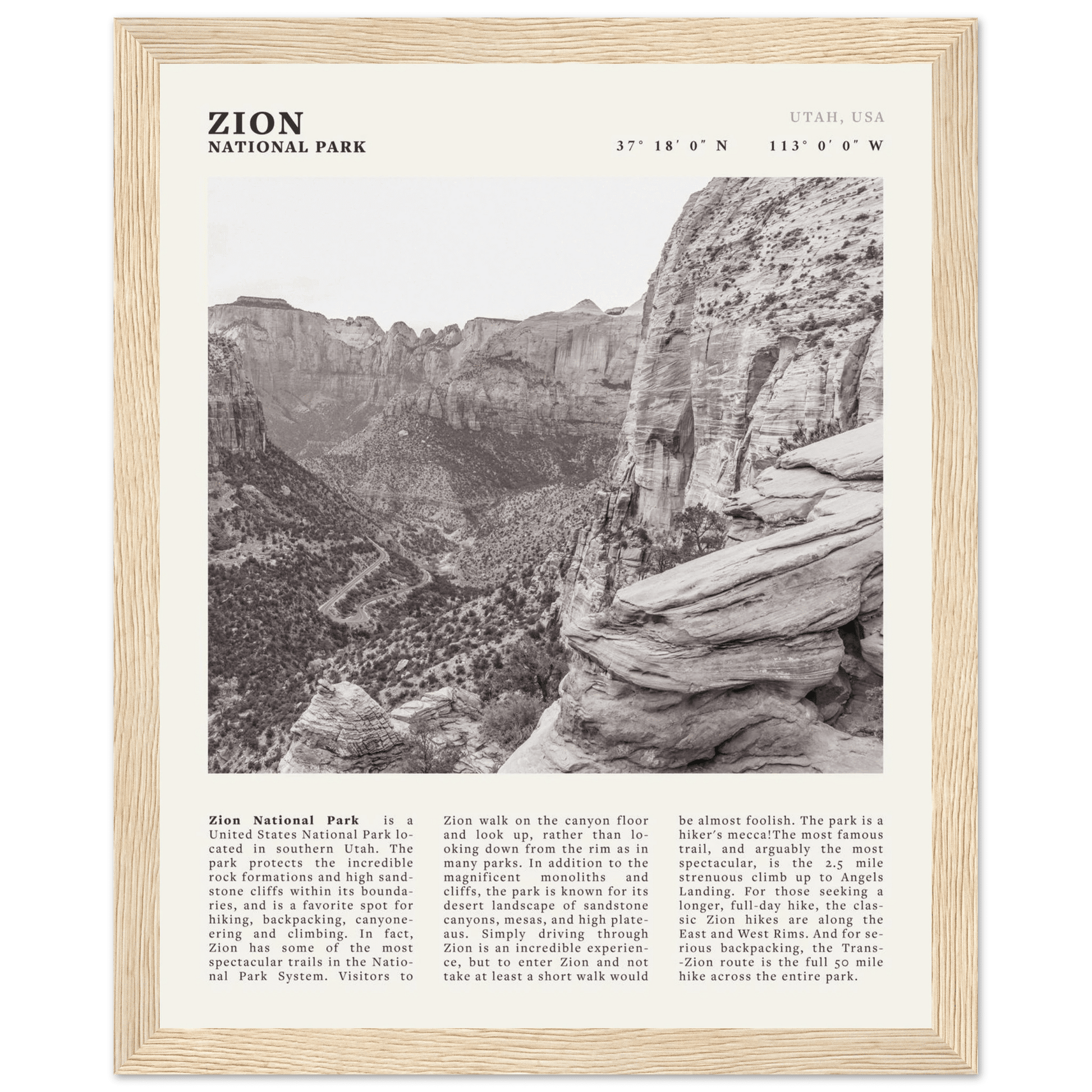 Zion National Park Poster | Black & White Utah Canyon Wall Art | USA Travel Print - Evergreen Posters