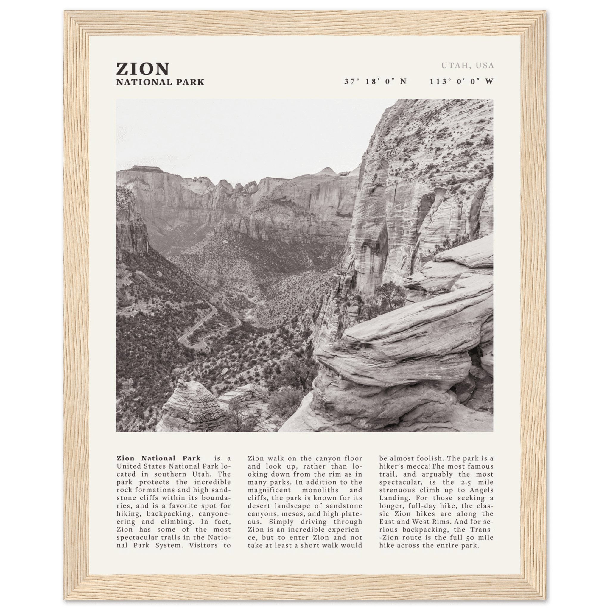 Zion National Park Poster | Black & White Utah Canyon Wall Art | USA Travel Print - Evergreen Posters