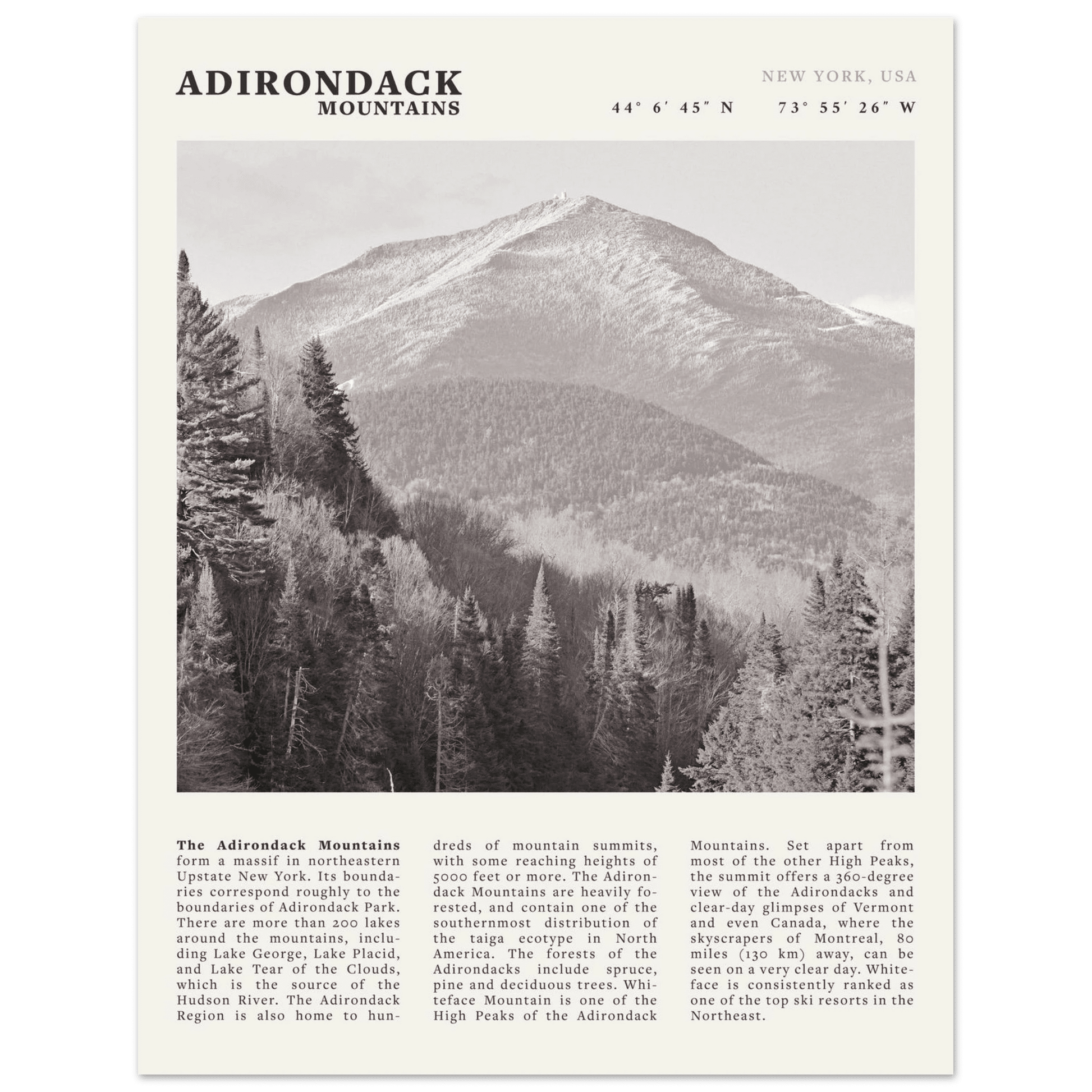 Adirondack Mountains Poster | Black & White New York Nature Wall Art | Hiking Print - Evergreen Posters