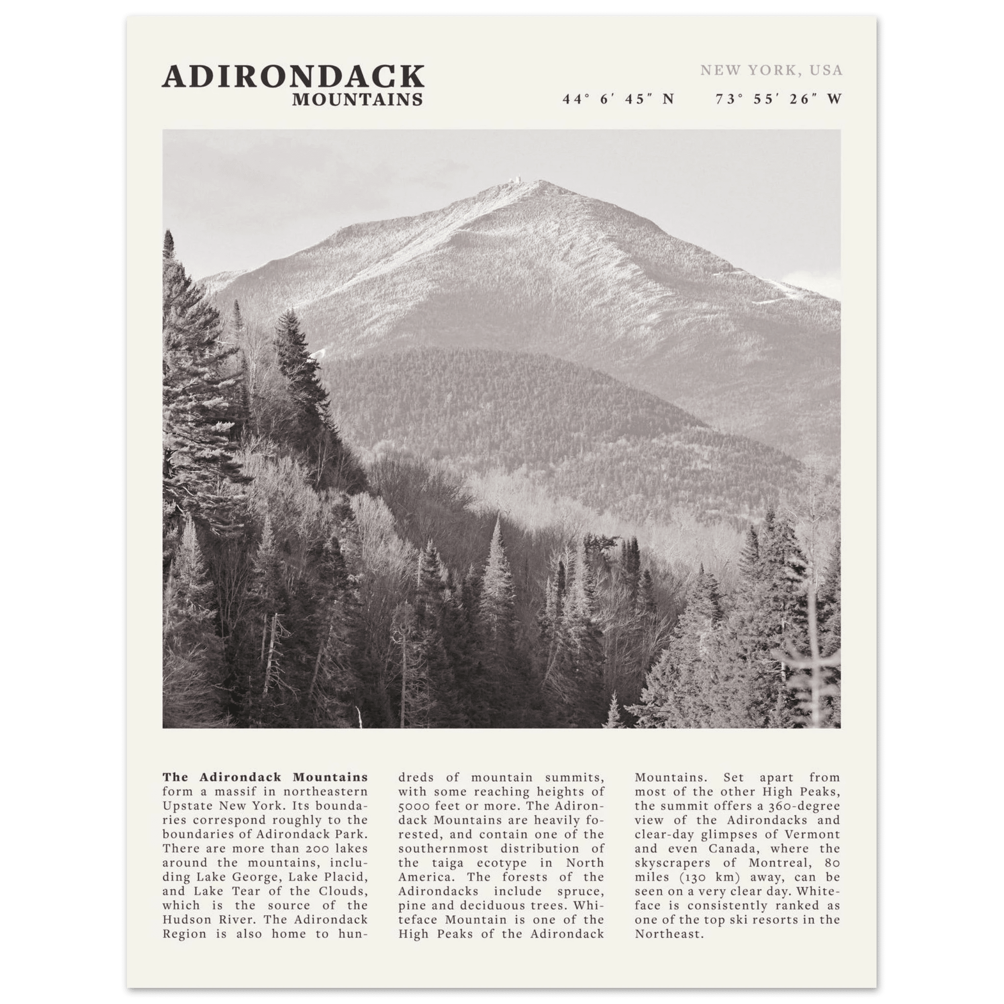Adirondack Mountains Poster | Black & White New York Nature Wall Art | Hiking Print - Evergreen Posters