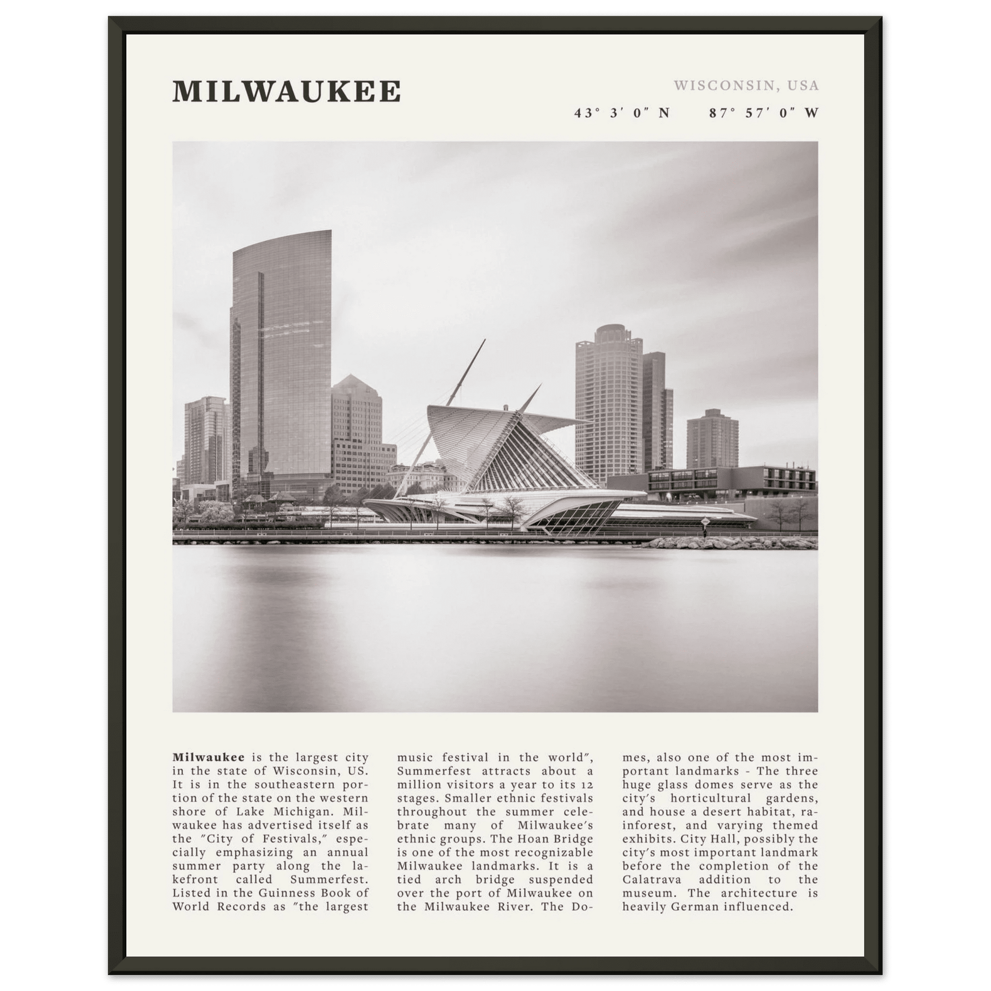 Milwaukee Poster | Black & White Wisconsin City Wall Art | USA Travel Print - Evergreen Posters