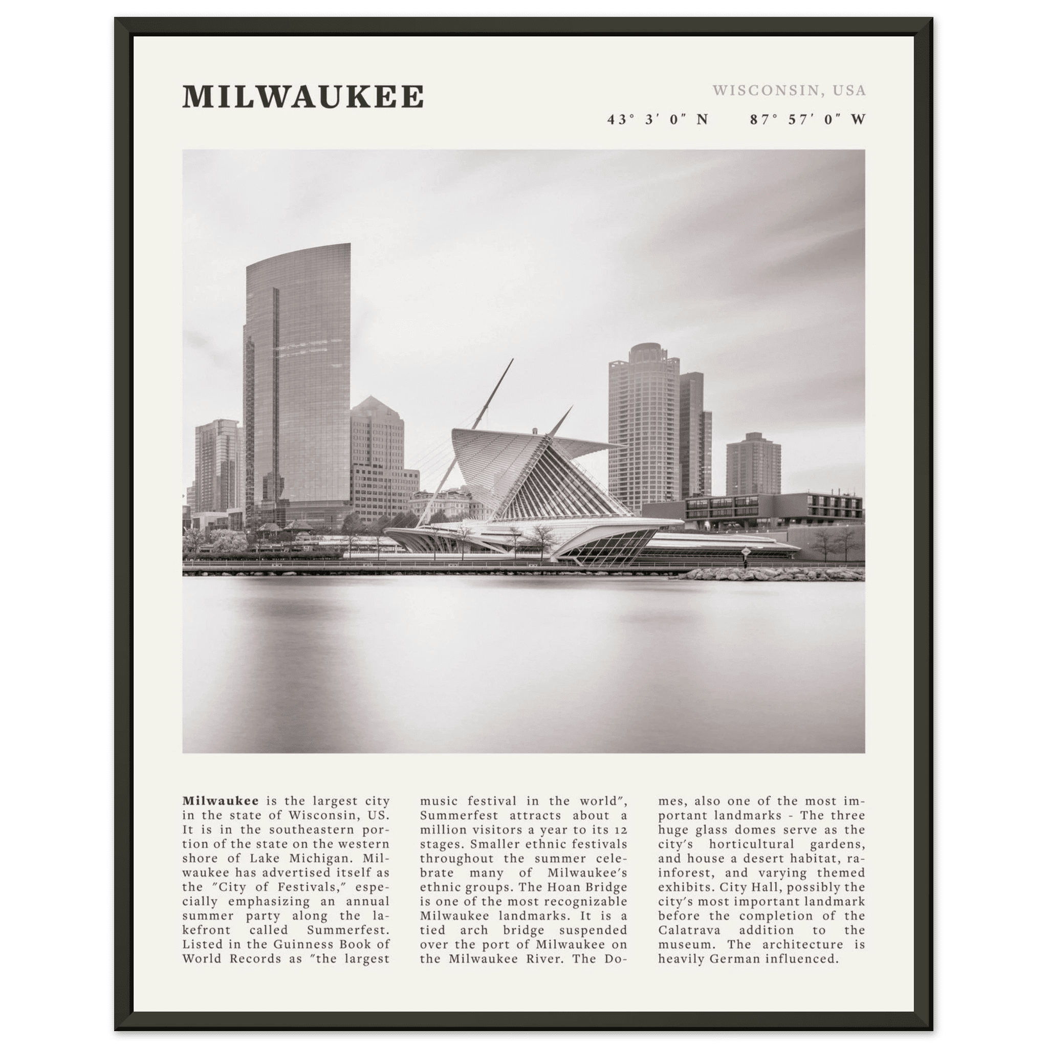 Milwaukee Poster | Black & White Wisconsin City Wall Art | USA Travel Print - Evergreen Posters
