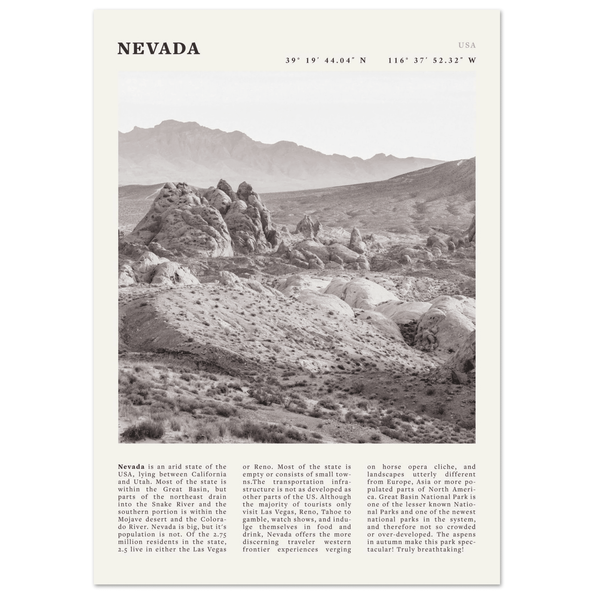 Nevada Poster | Black & White Desert Landscape Wall Art | USA Travel Print Decor - Evergreen Posters