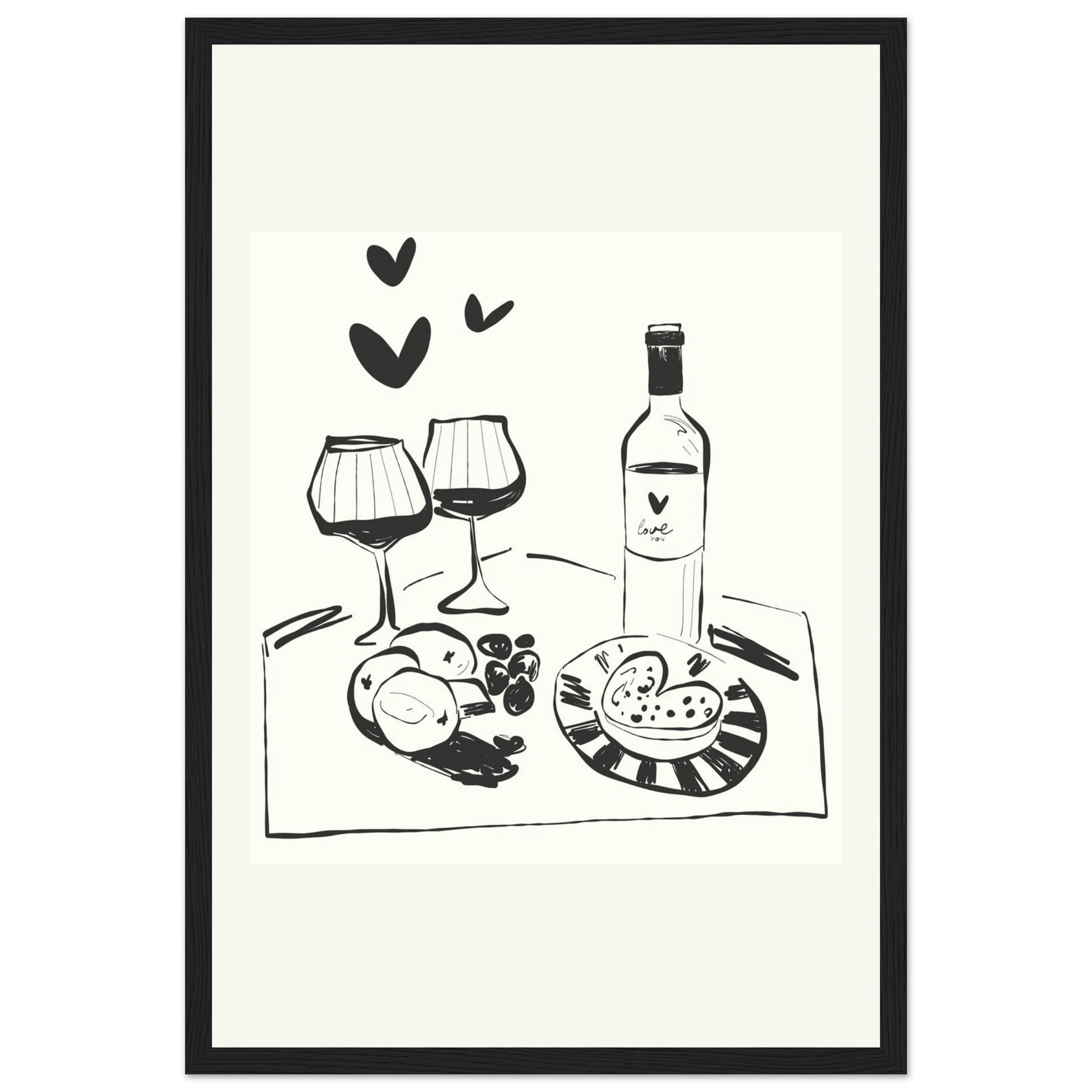 Wine for Two Print | Black Line Art Romantic Kitchen Wall Art | Couples Poster - Evergreen Posters
