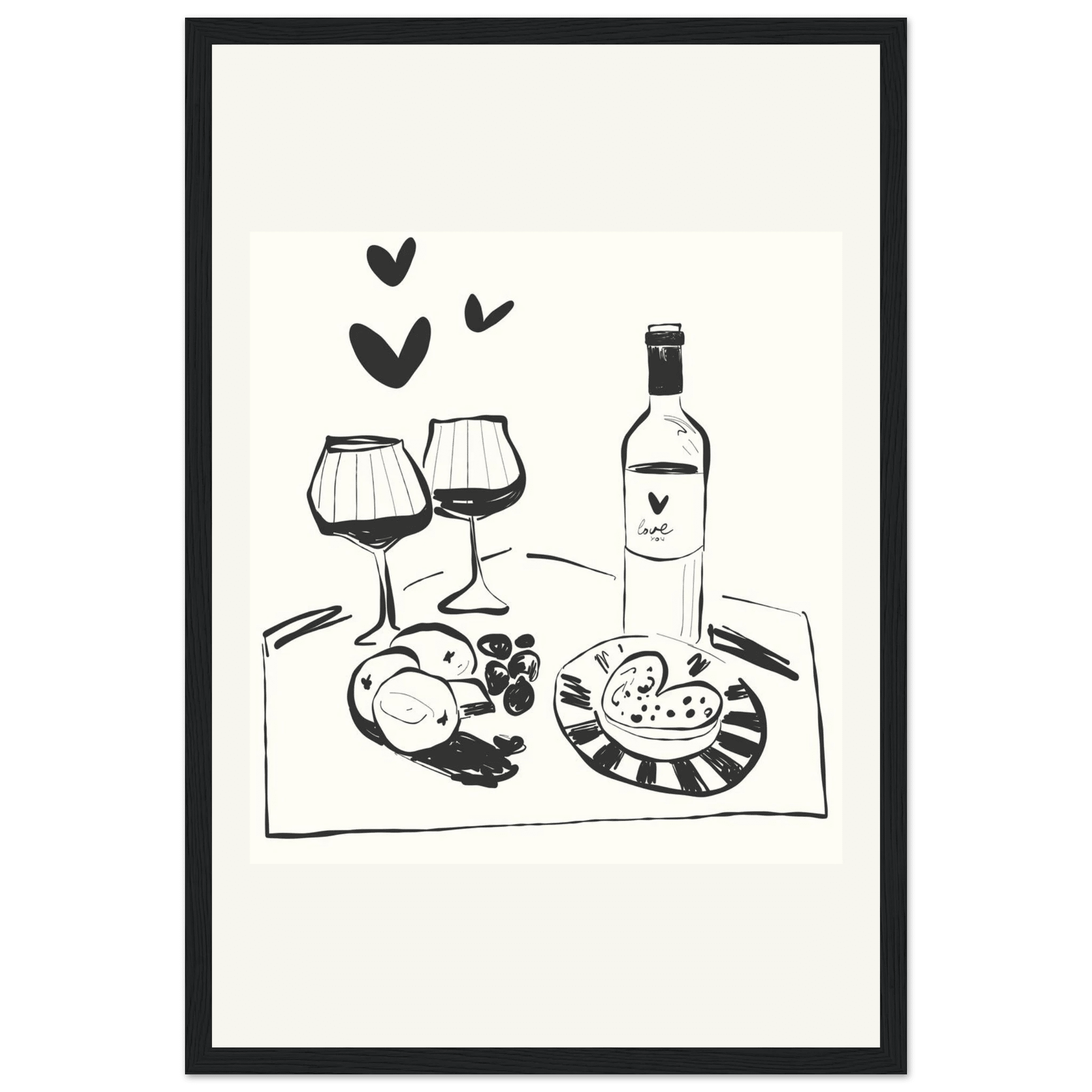 Wine for Two Print | Black Line Art Romantic Kitchen Wall Art | Couples Poster - Evergreen Posters