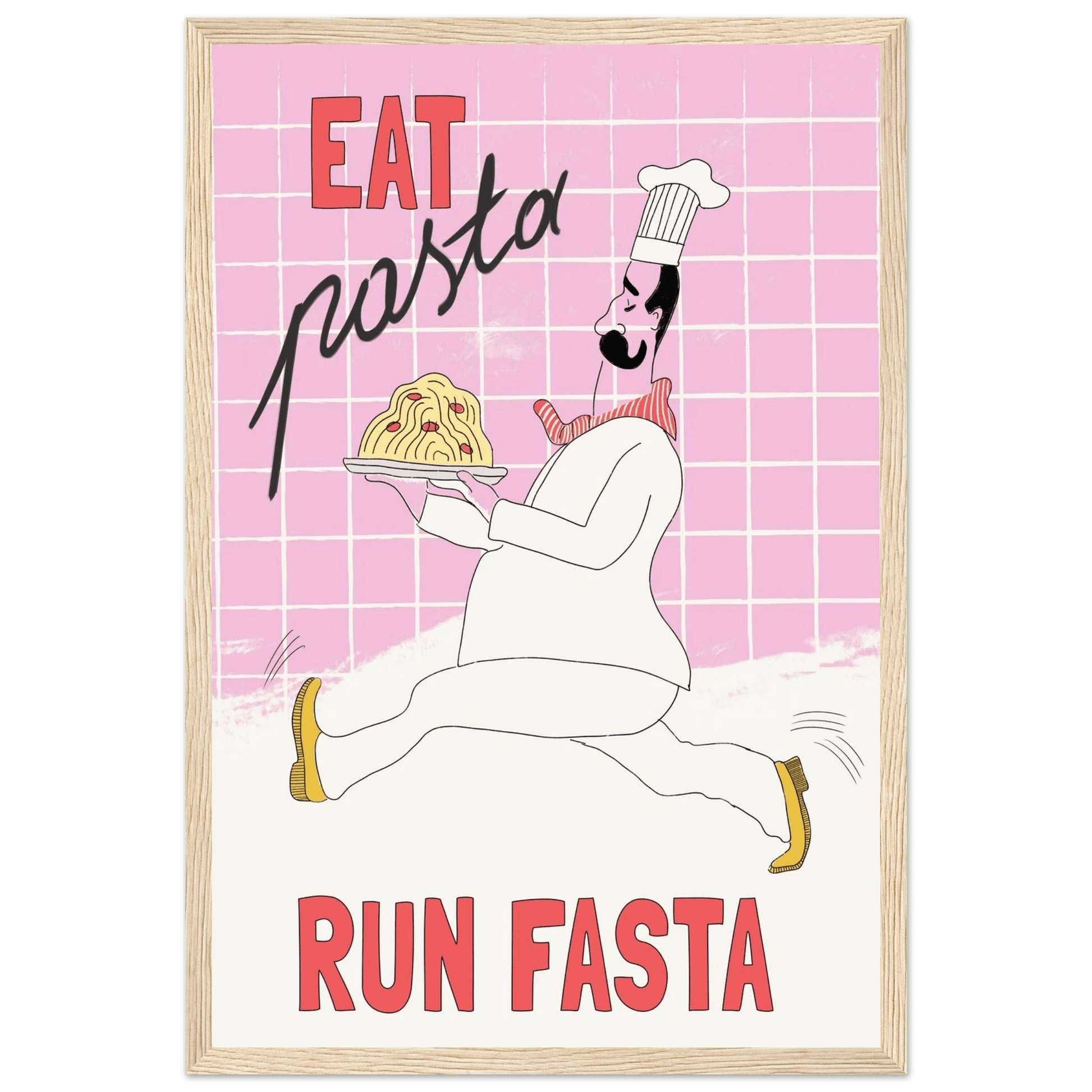 Eat Pasta Run Fasta Poster – Playful Kitchen Wall Art Print (Light Pink) - Evergreen Posters