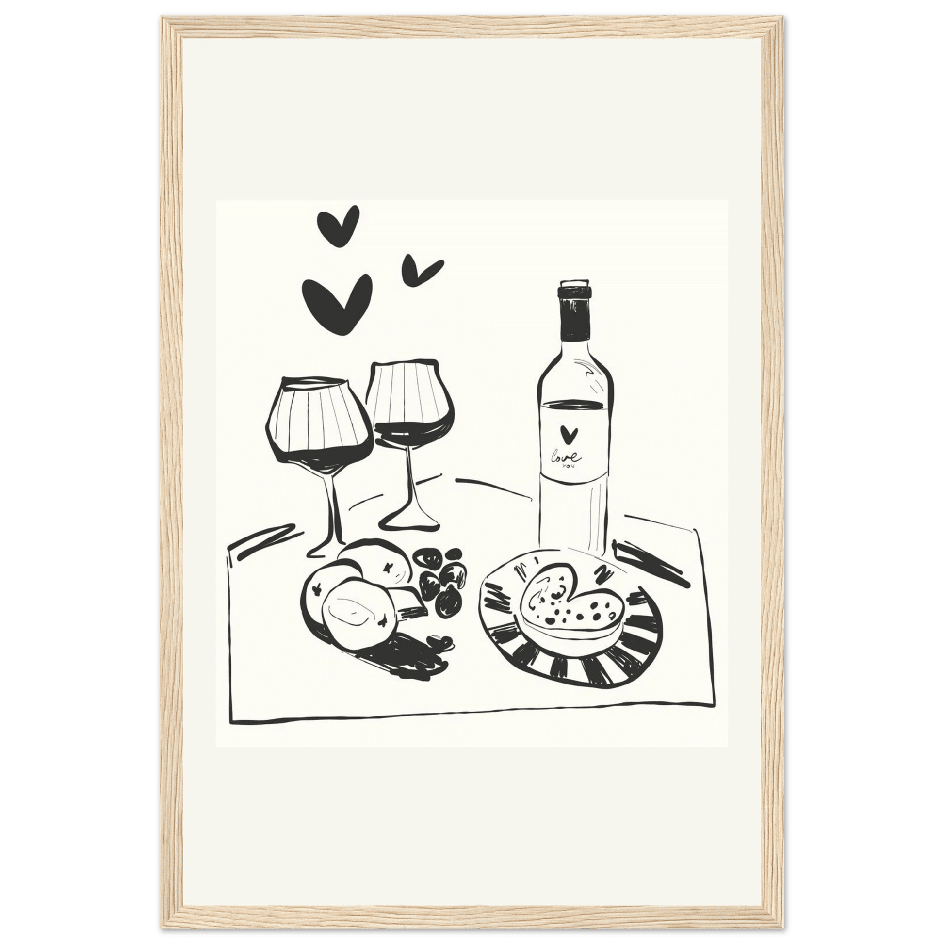 Wine for Two Print | Black Line Art Romantic Kitchen Wall Art | Couples Poster - Evergreen Posters
