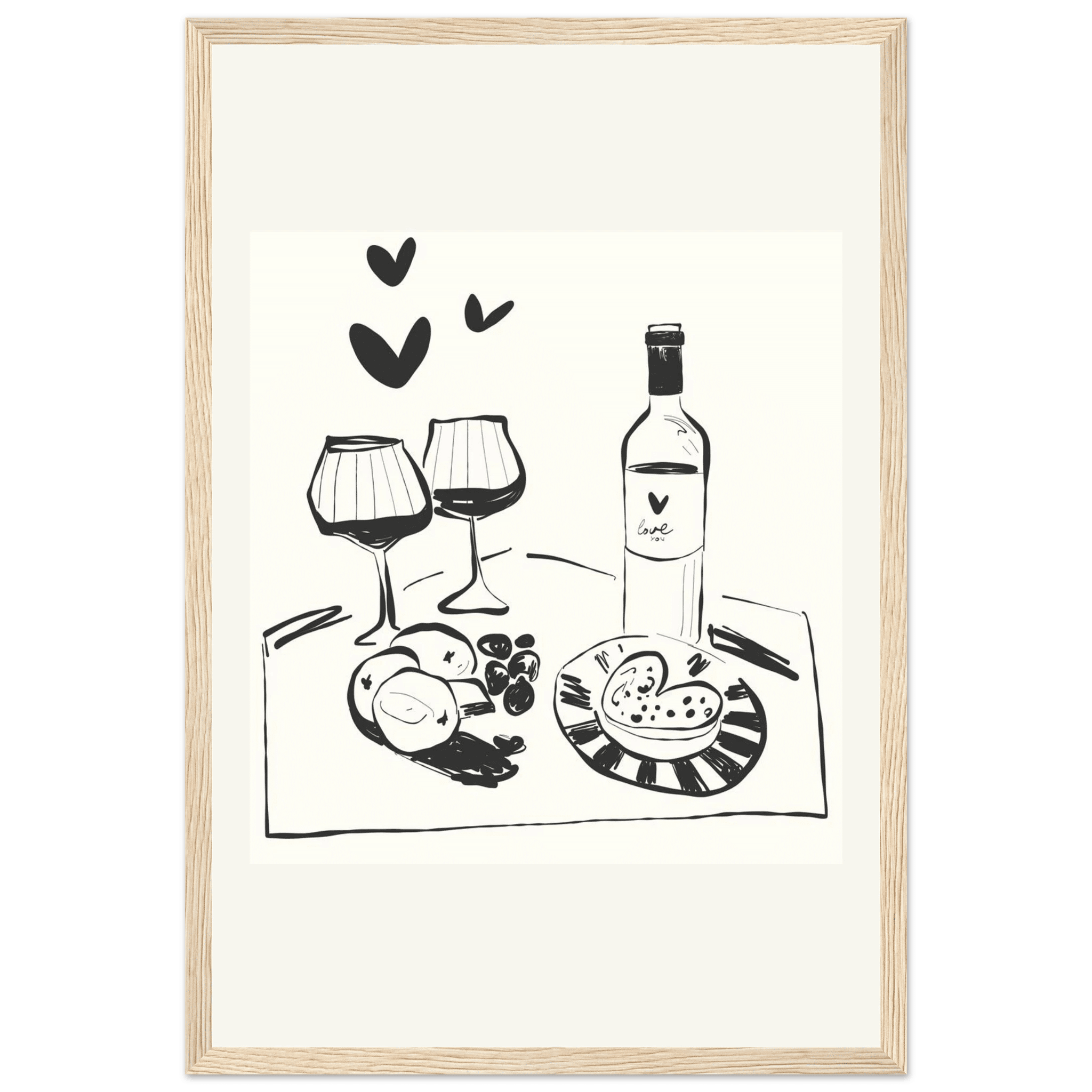 Wine for Two Print | Black Line Art Romantic Kitchen Wall Art | Couples Poster - Evergreen Posters