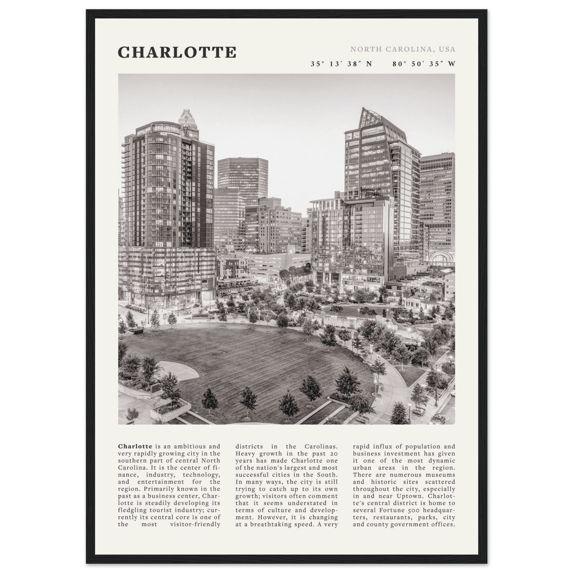 Charlotte Poster | Black & White North Carolina Skyline Wall Art | NC Travel Print - Evergreen Posters