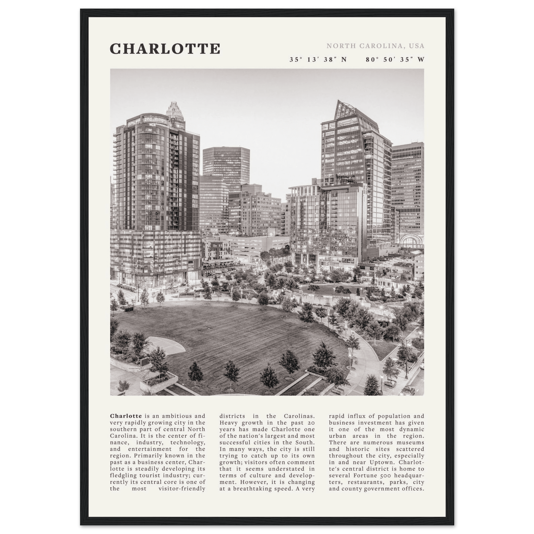 Charlotte Poster | Black & White North Carolina Skyline Wall Art | NC Travel Print - Evergreen Posters