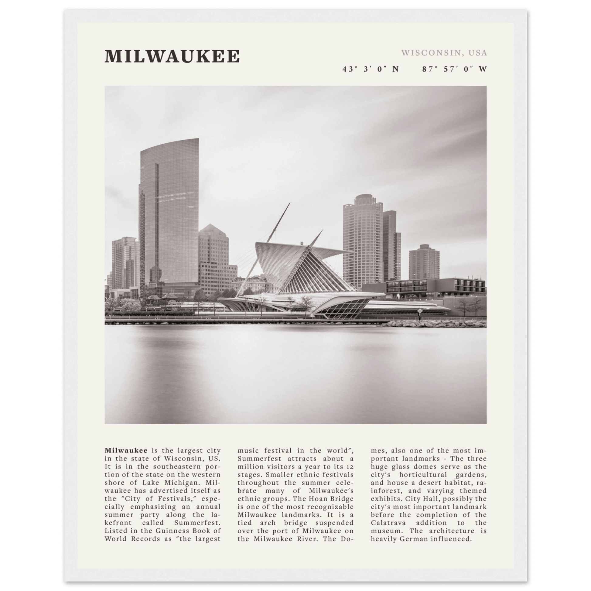 Milwaukee Poster | Black & White Wisconsin City Wall Art | USA Travel Print - Evergreen Posters