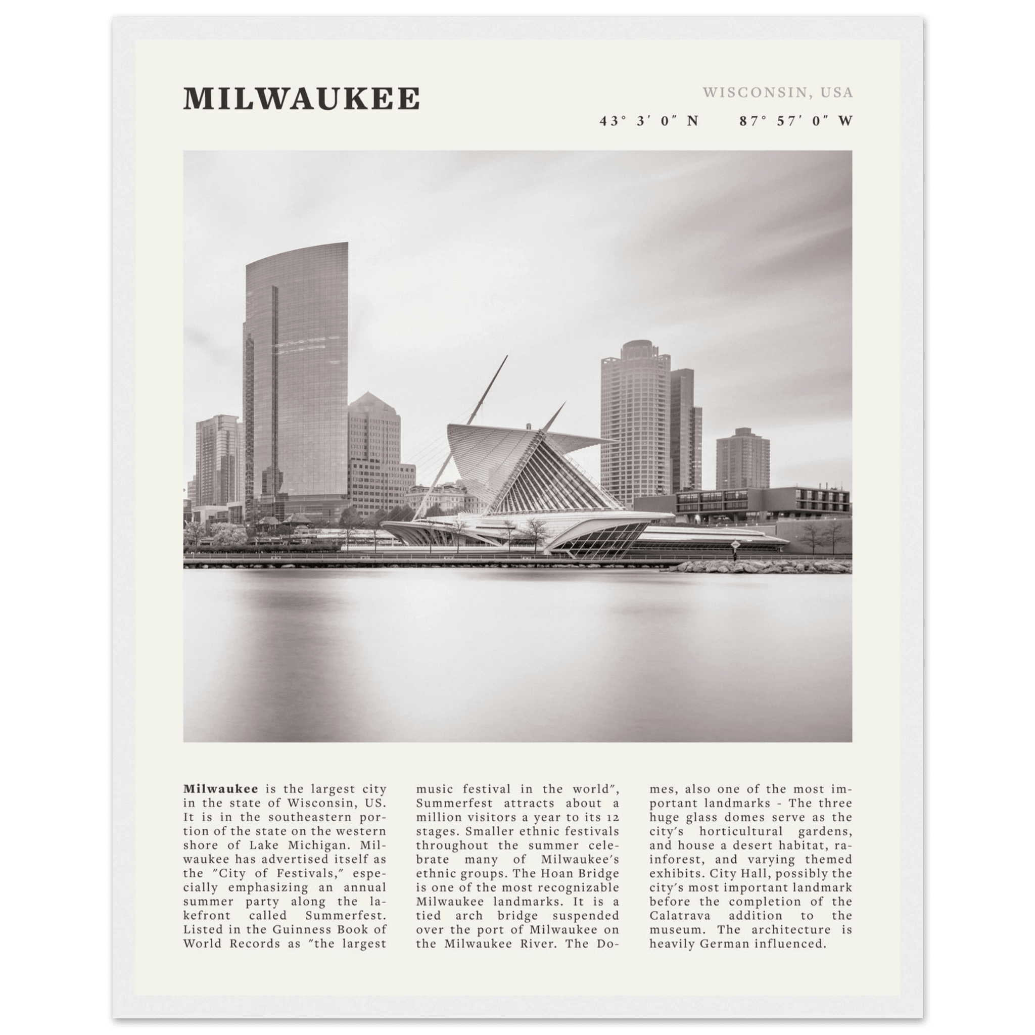 Milwaukee Poster | Black & White Wisconsin City Wall Art | USA Travel Print - Evergreen Posters