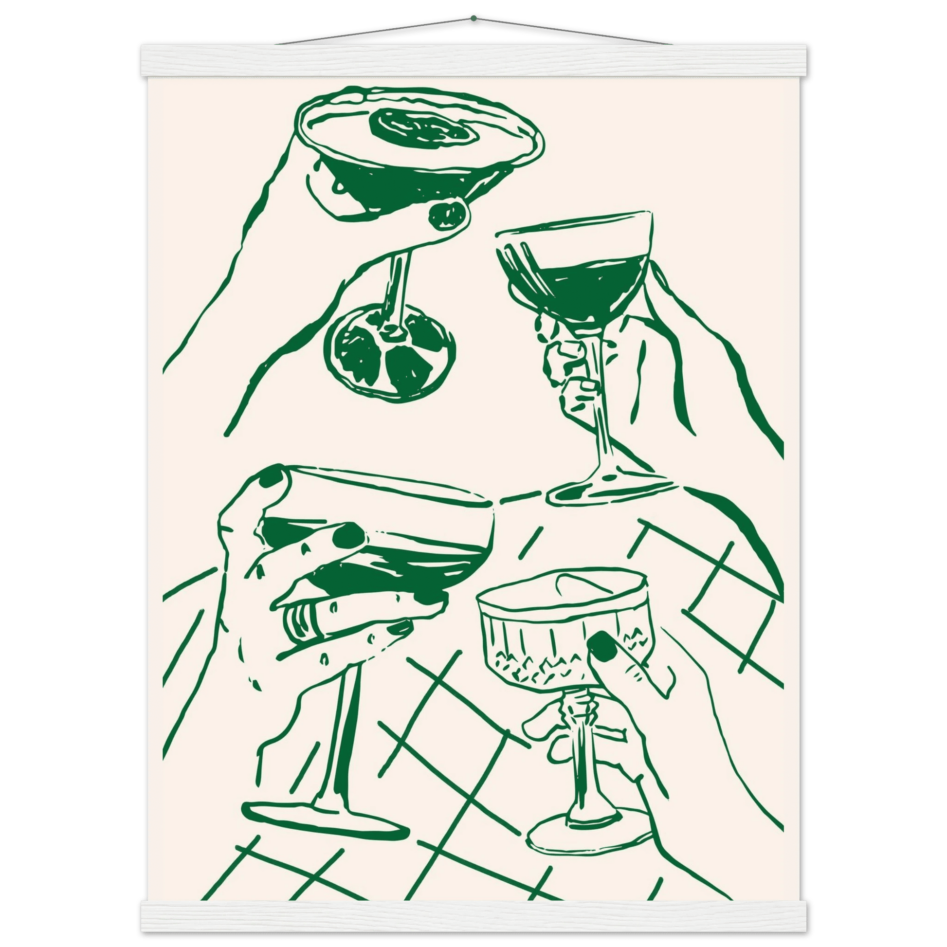 Cheers Print | Forest Green Cocktail Glasses Wall Art | Kitchen Bar Poster - Evergreen Posters