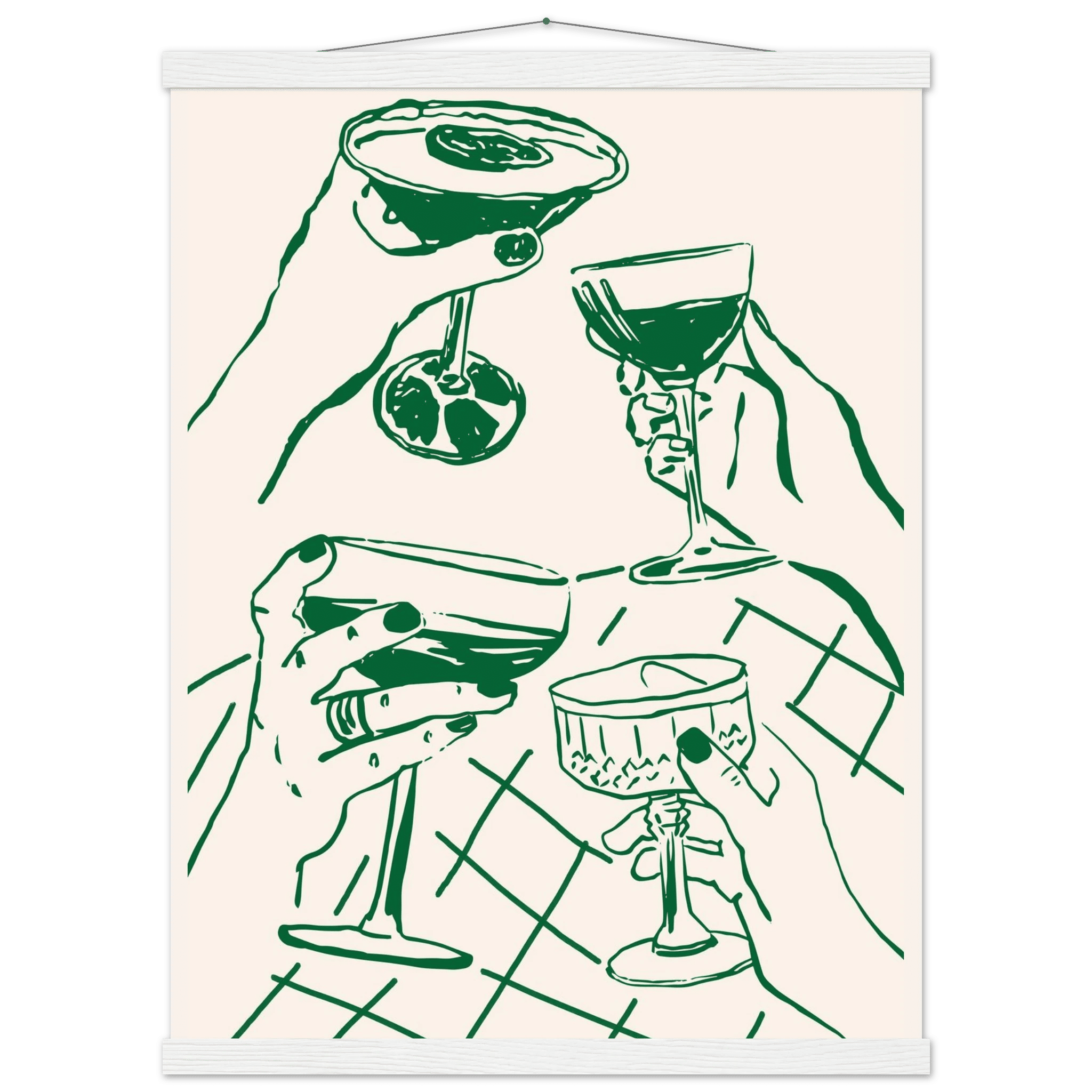 Cheers Print | Forest Green Cocktail Glasses Wall Art | Kitchen Bar Poster - Evergreen Posters