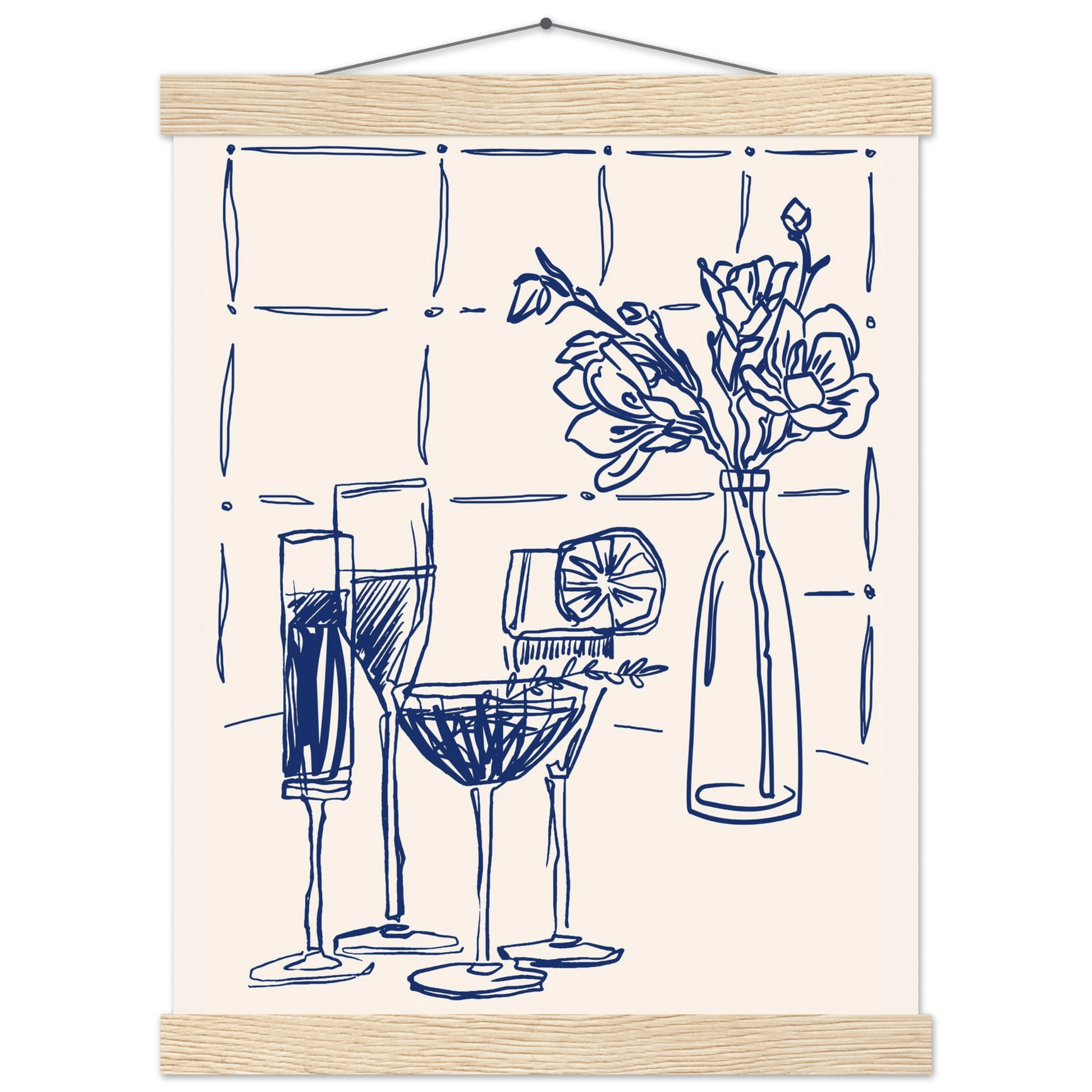 Cocktails & Flowers Print | Navy Blue Line Art Drinks Wall Art | Kitchen Bar Poster - Evergreen Posters