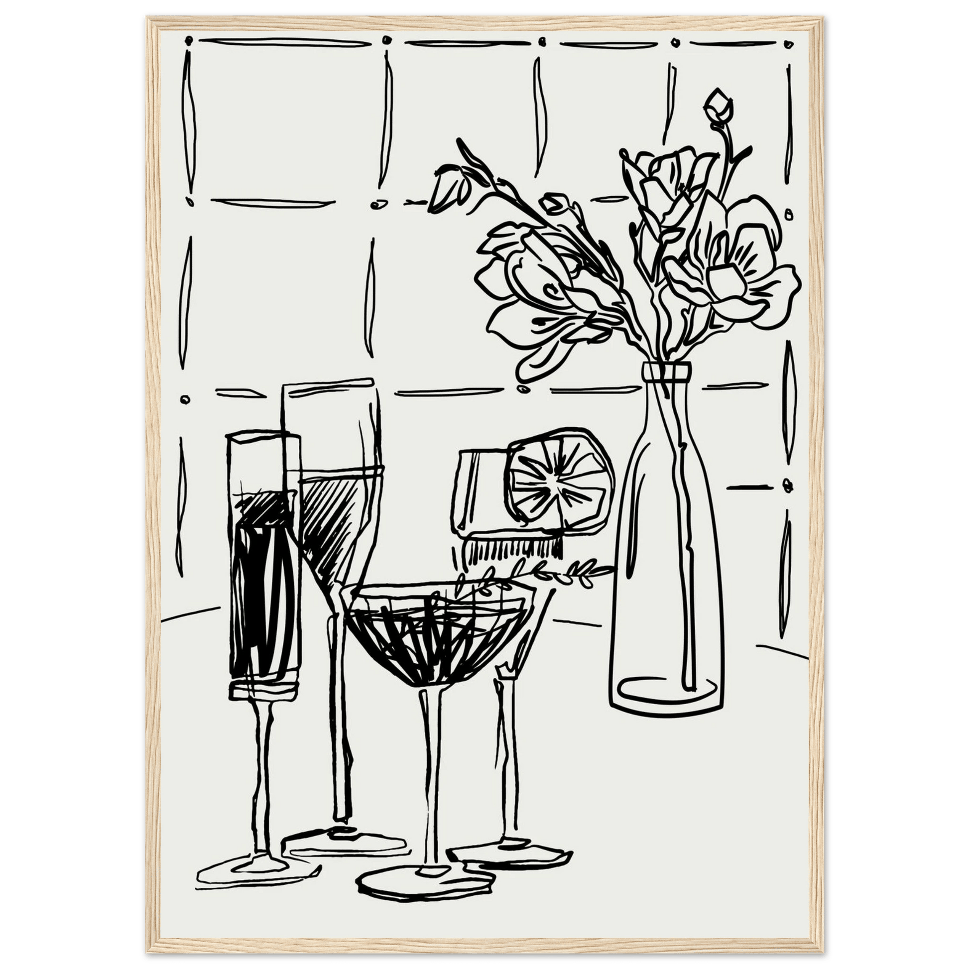 Cocktails & Flowers Print | Black Line Art Drinks Wall Art | Kitchen Bar Poster - Evergreen Posters