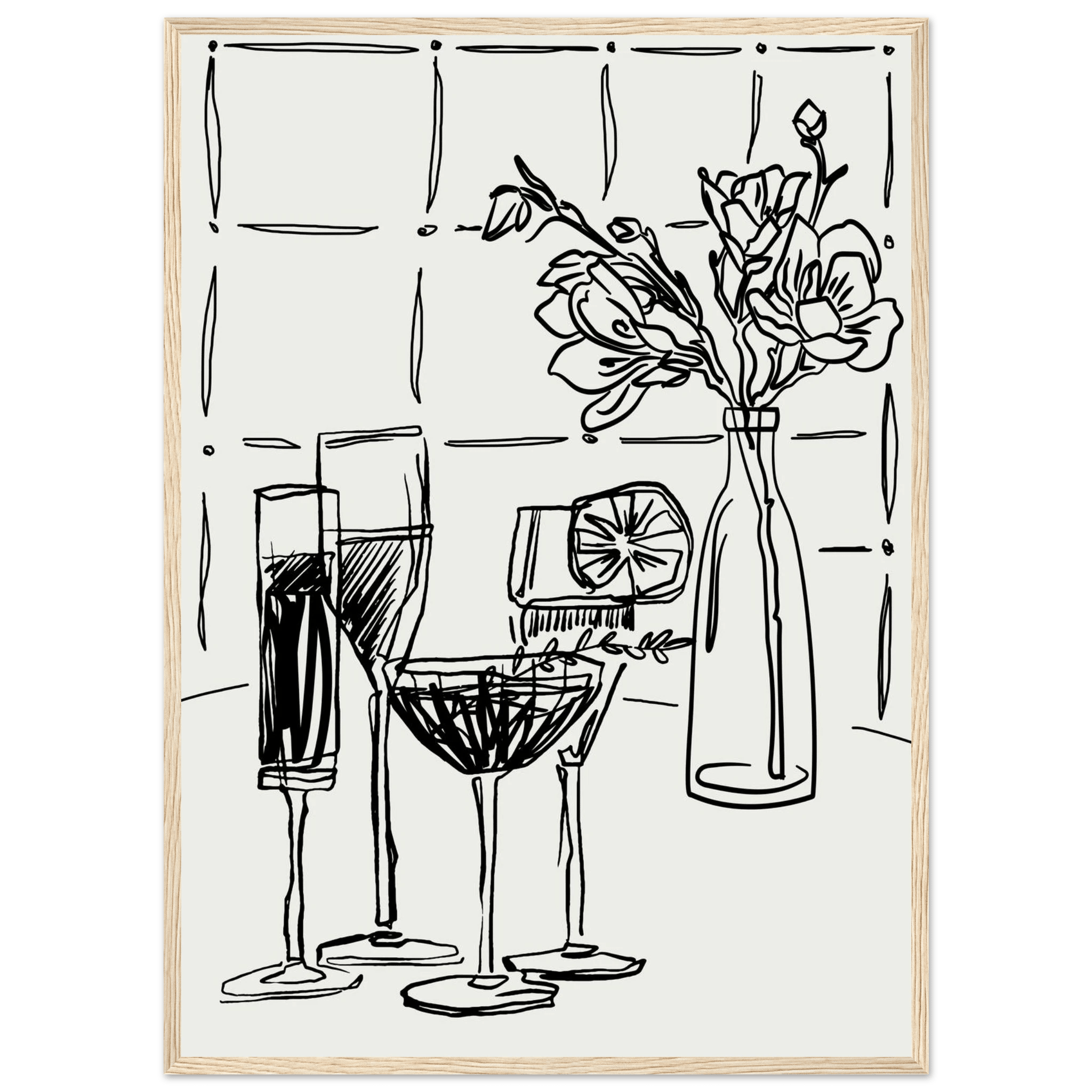 Cocktails & Flowers Print | Black Line Art Drinks Wall Art | Kitchen Bar Poster - Evergreen Posters