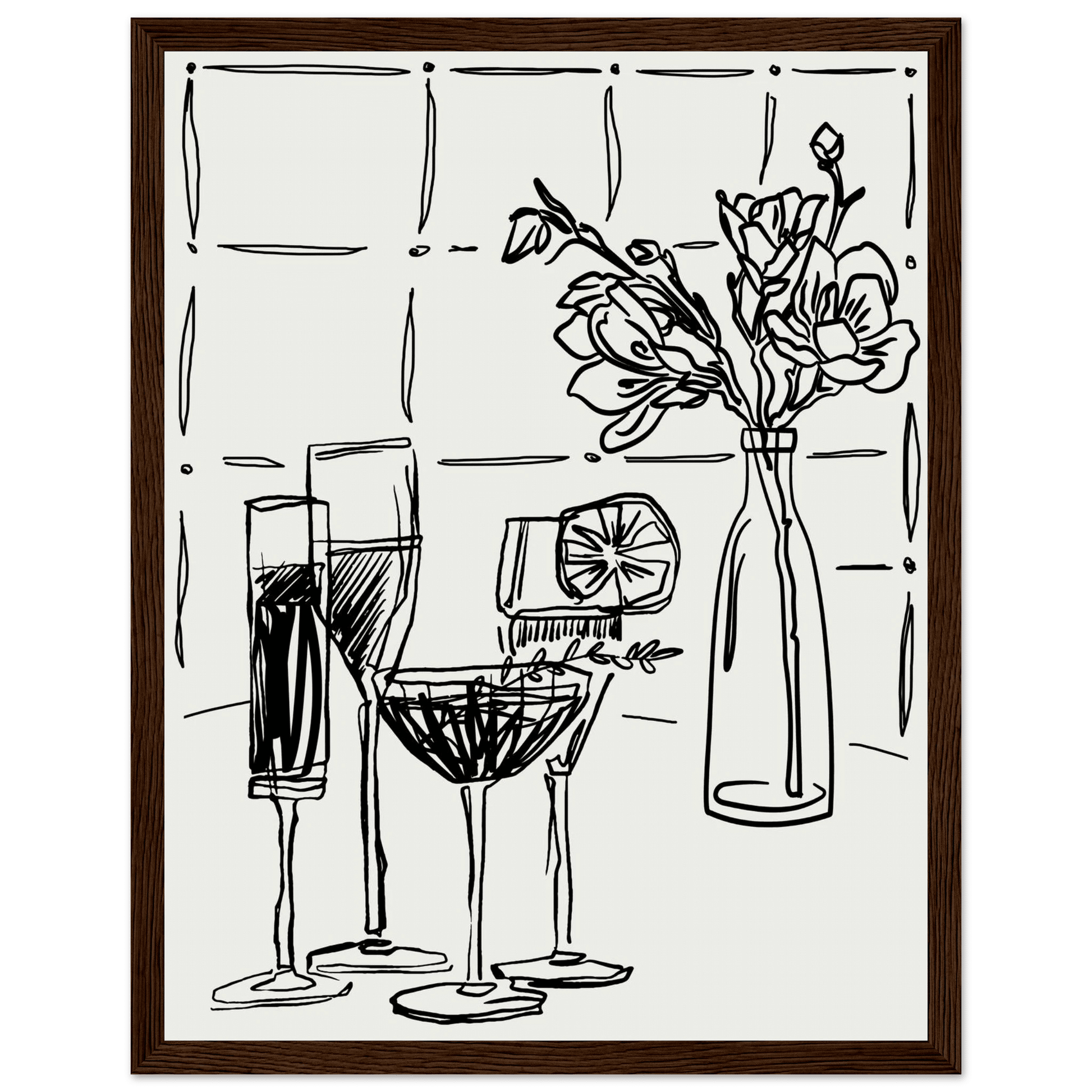 Cocktails & Flowers Print | Black Line Art Drinks Wall Art | Kitchen Bar Poster - Evergreen Posters