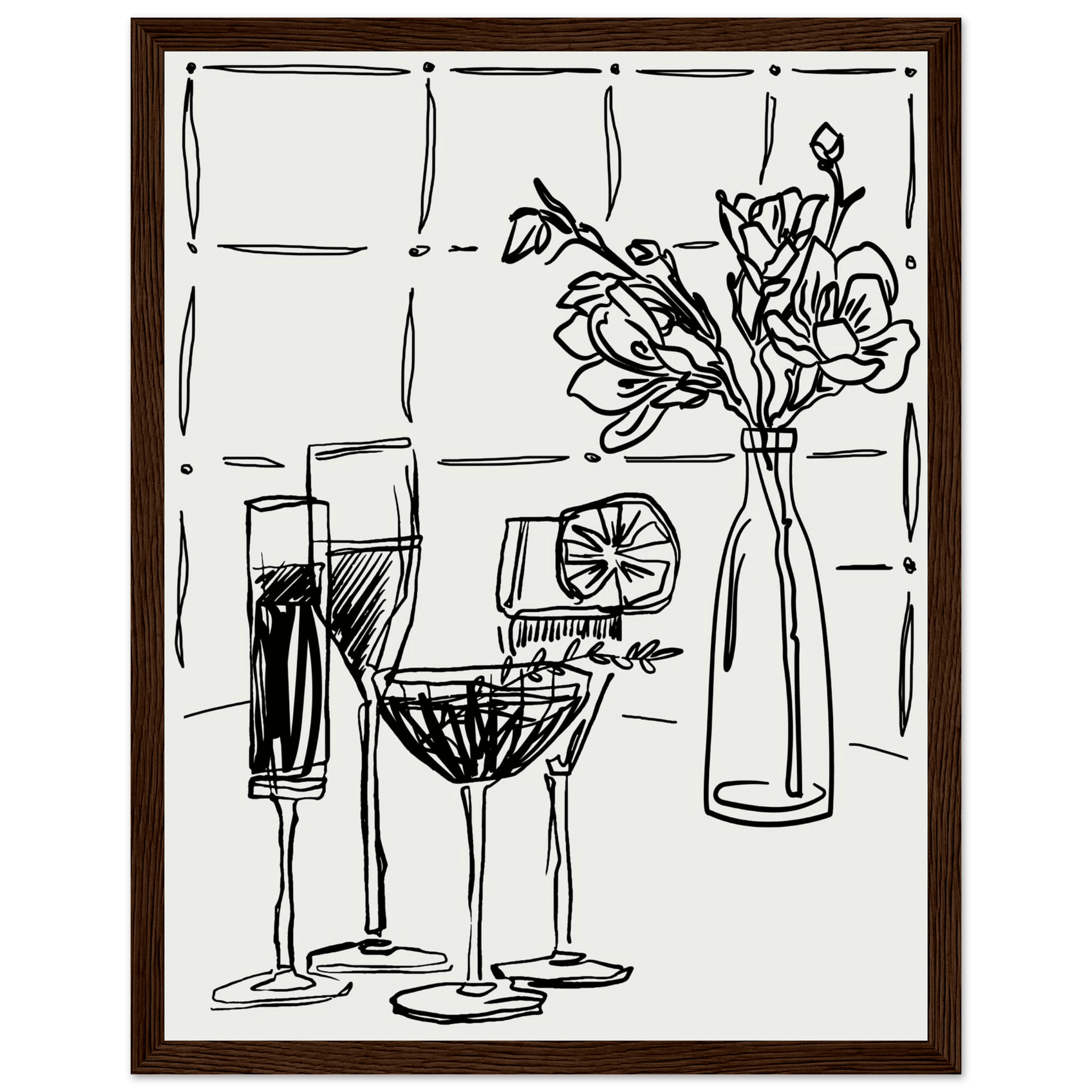 Cocktails & Flowers Print | Black Line Art Drinks Wall Art | Kitchen Bar Poster - Evergreen Posters