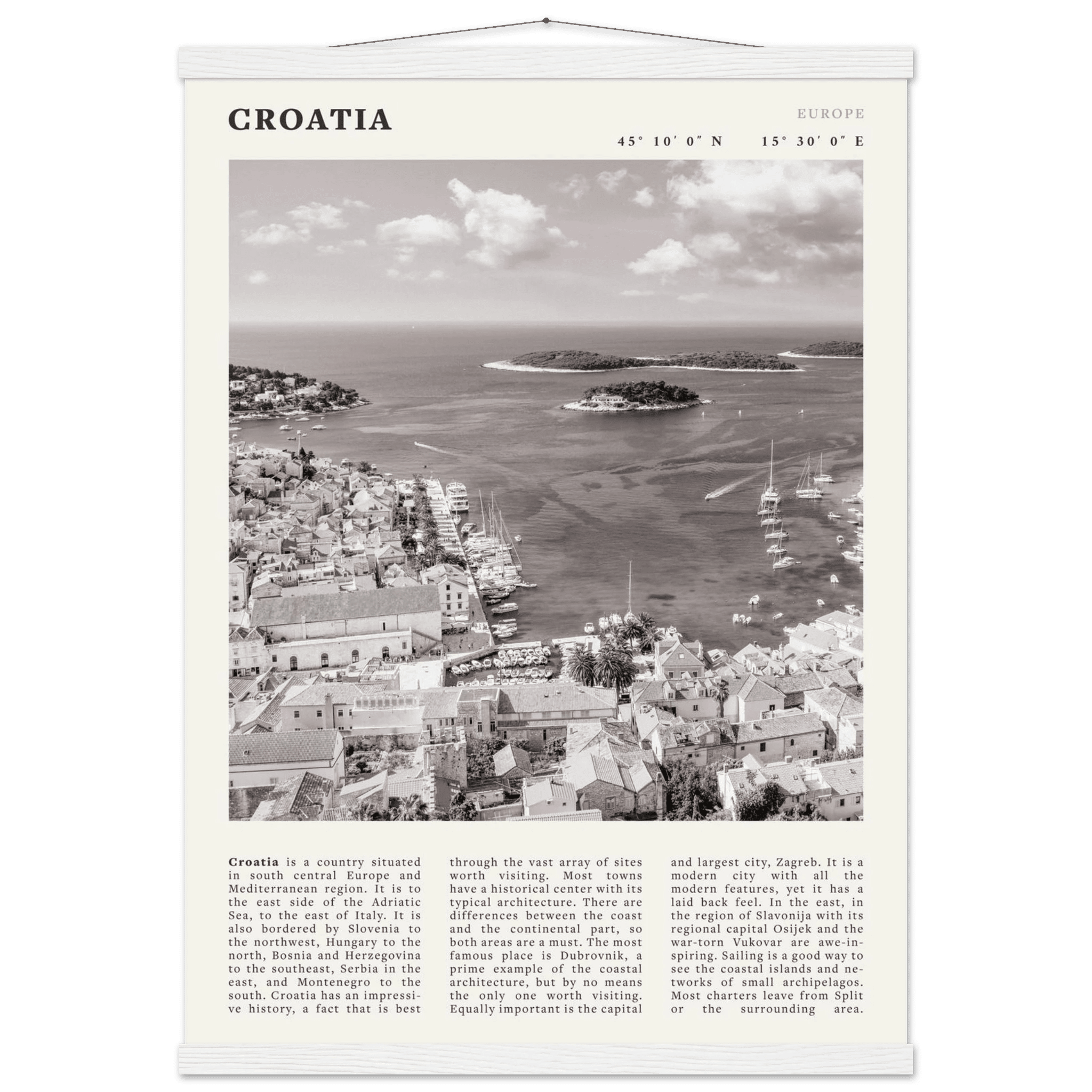 Croatia Poster | Black & White Hvar Island Wall Art | Adriatic Travel Print Decor - Evergreen Posters