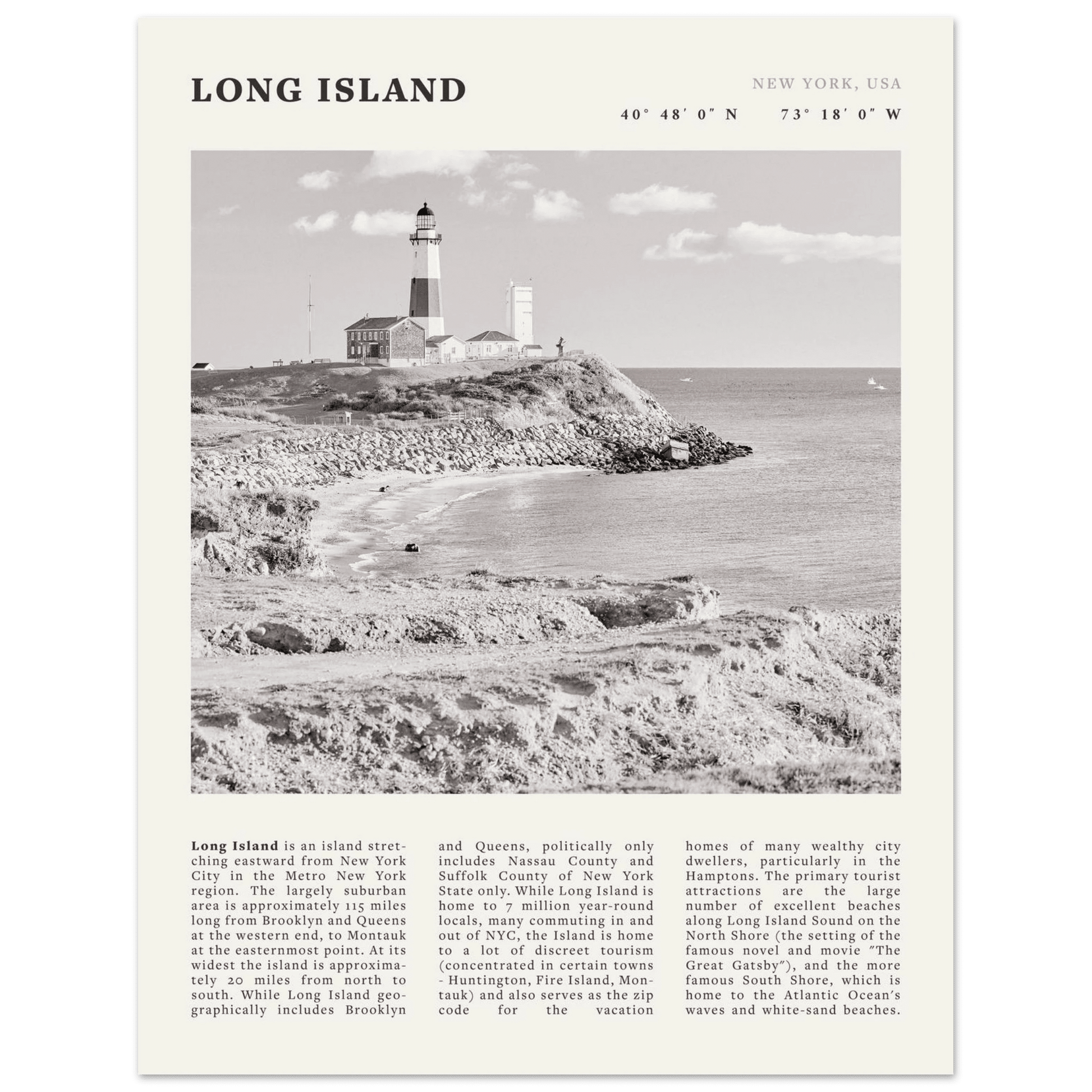 Long Island Poster | Black & White Montauk Lighthouse Wall Art | New York Print - Evergreen Posters