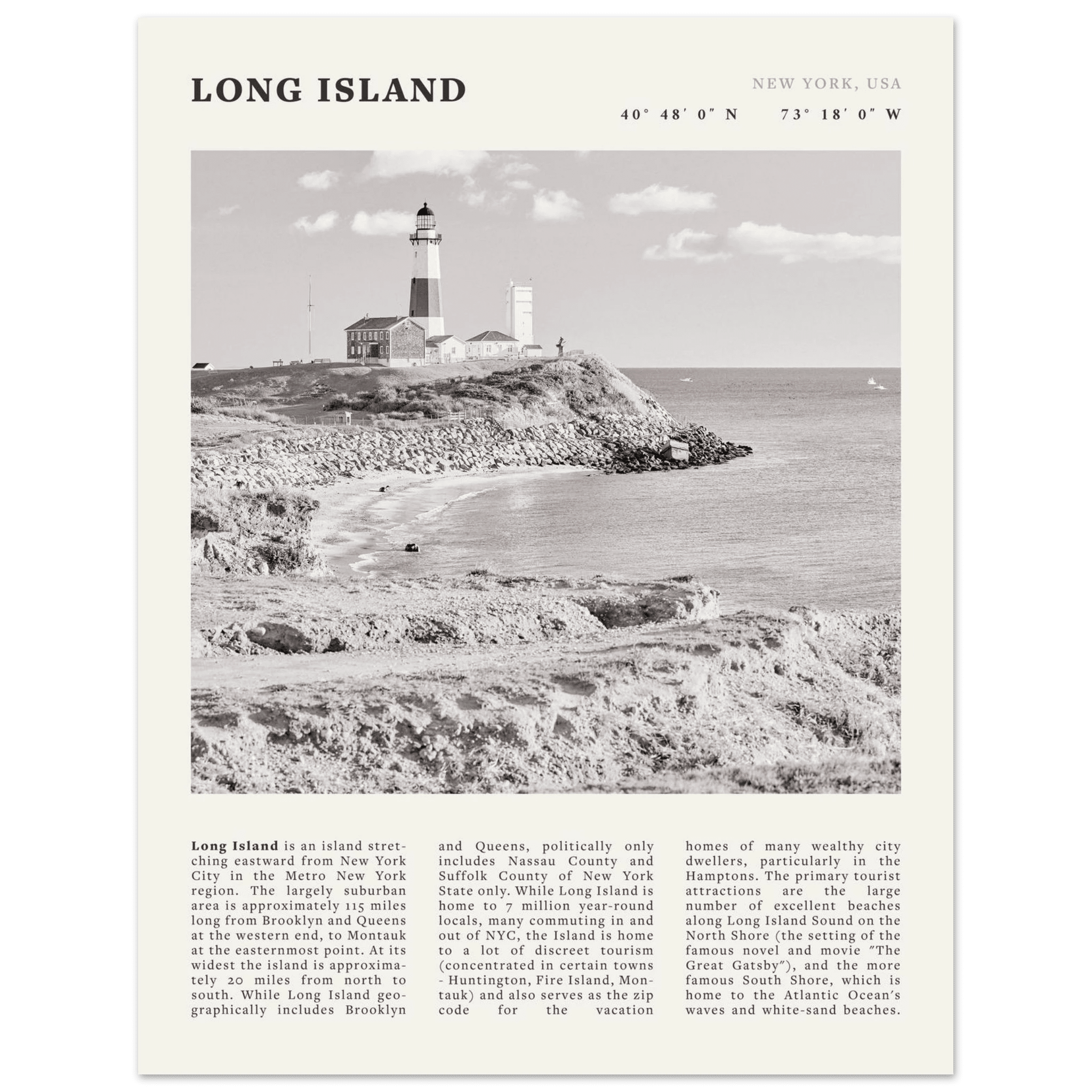 Long Island Poster | Black & White Montauk Lighthouse Wall Art | New York Print - Evergreen Posters