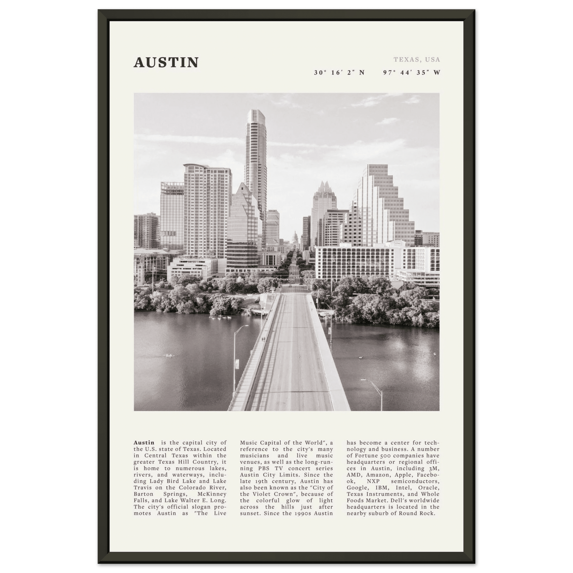 Austin Poster | Black & White Texas Skyline Wall Art | City Travel Print Decor - Evergreen Posters
