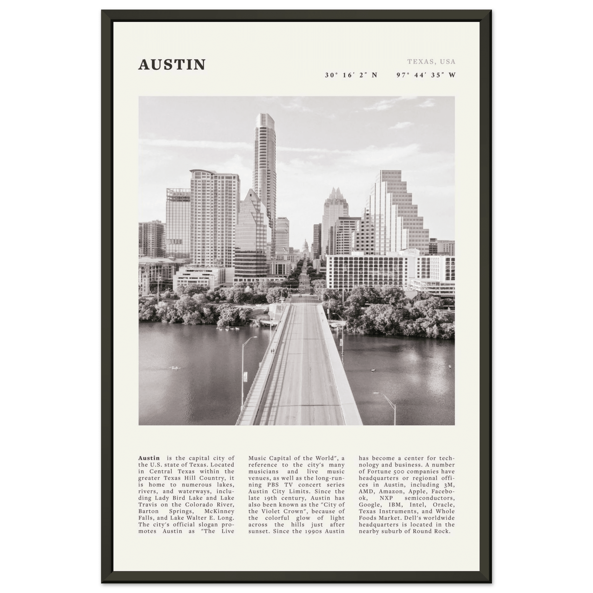Austin Poster | Black & White Texas Skyline Wall Art | City Travel Print Decor - Evergreen Posters