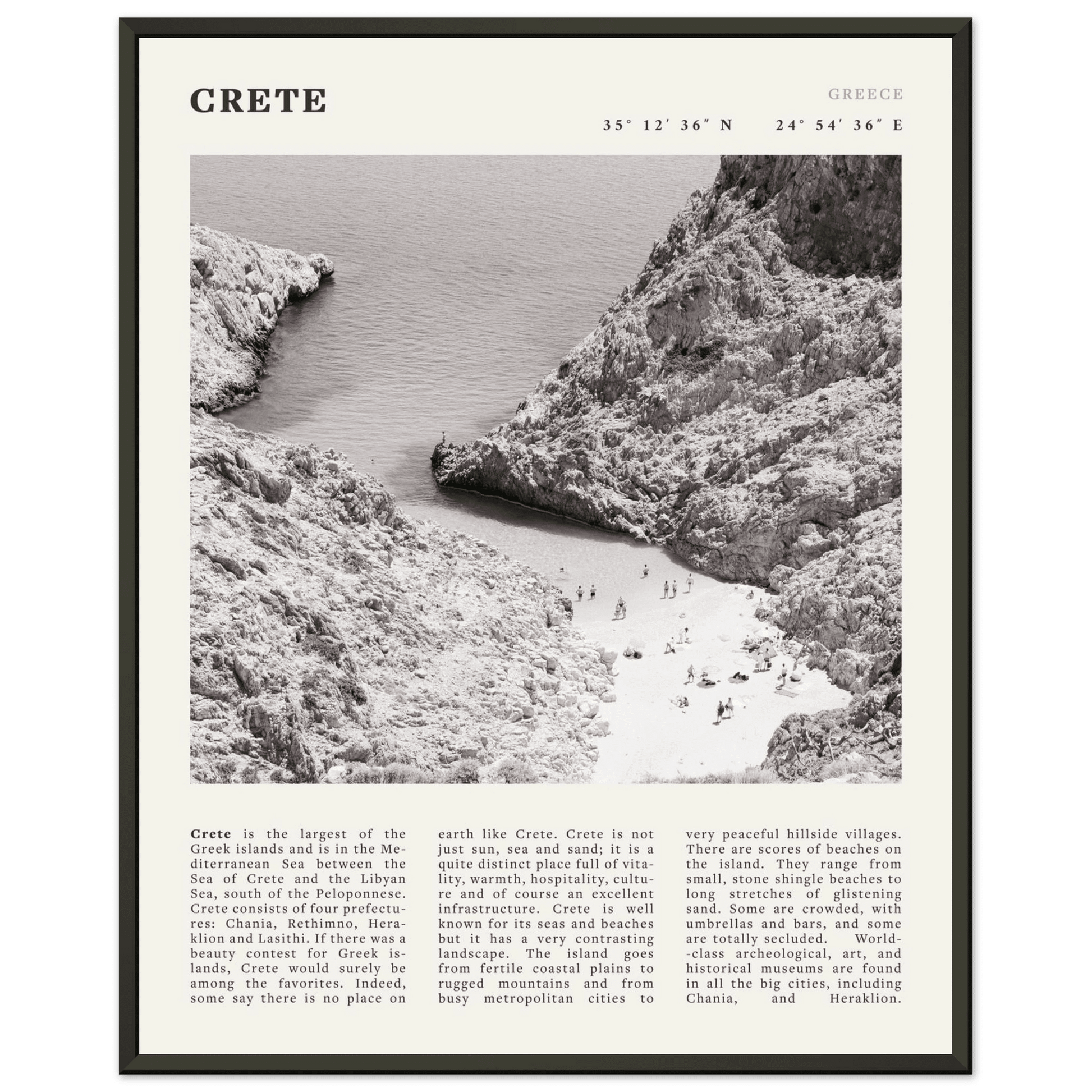 Crete Poster | Black & White Greece Beach Wall Art | Mediterranean Travel Print - Evergreen Posters