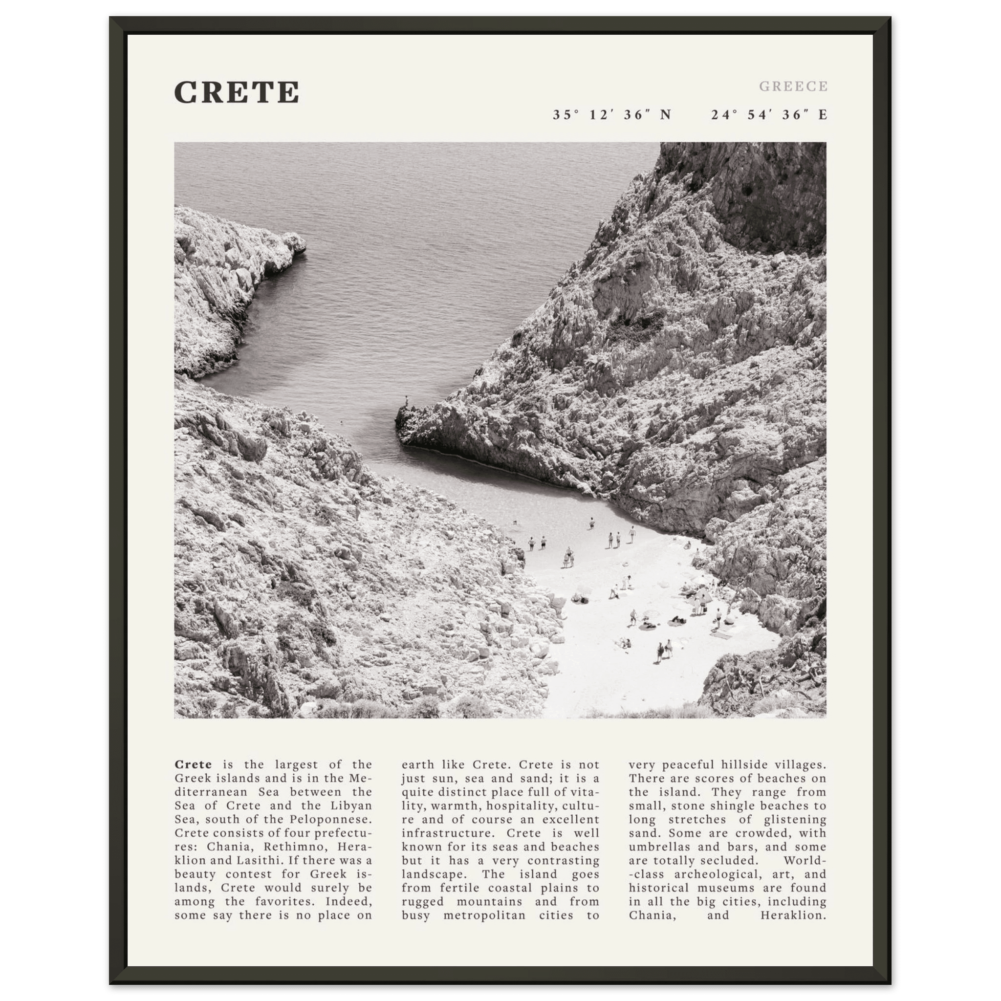 Crete Poster | Black & White Greece Beach Wall Art | Mediterranean Travel Print - Evergreen Posters
