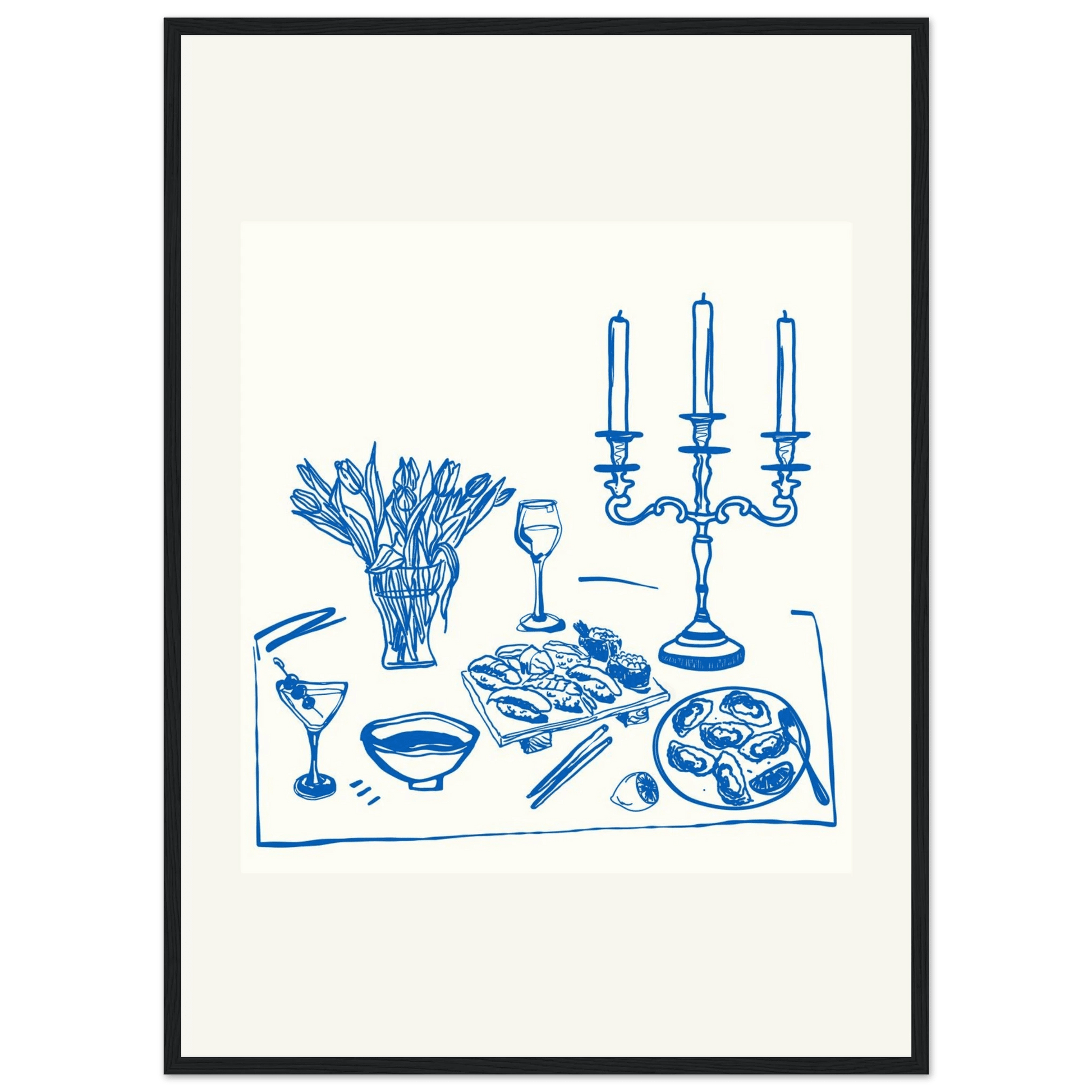 Fine Dining Table Print | Blue Line Art Kitchen Wall Art | Elegant Dining Room Poster - Evergreen Posters