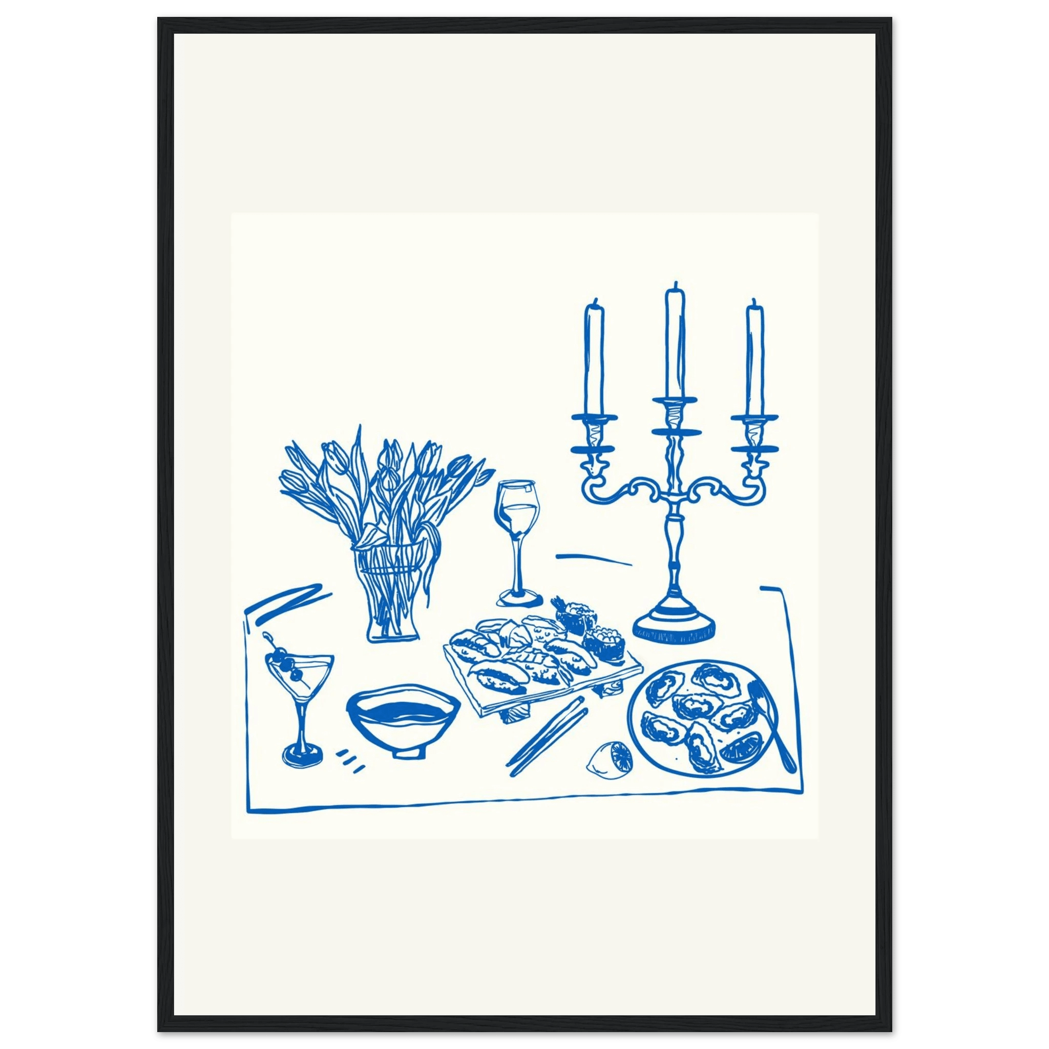 Fine Dining Table Print | Blue Line Art Kitchen Wall Art | Elegant Dining Room Poster - Evergreen Posters